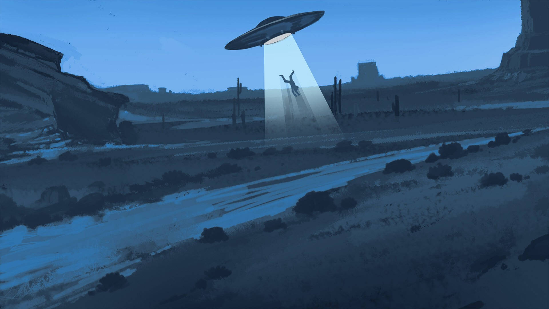 UFO, desert, dusk, Full HD Desktop Wallpaper