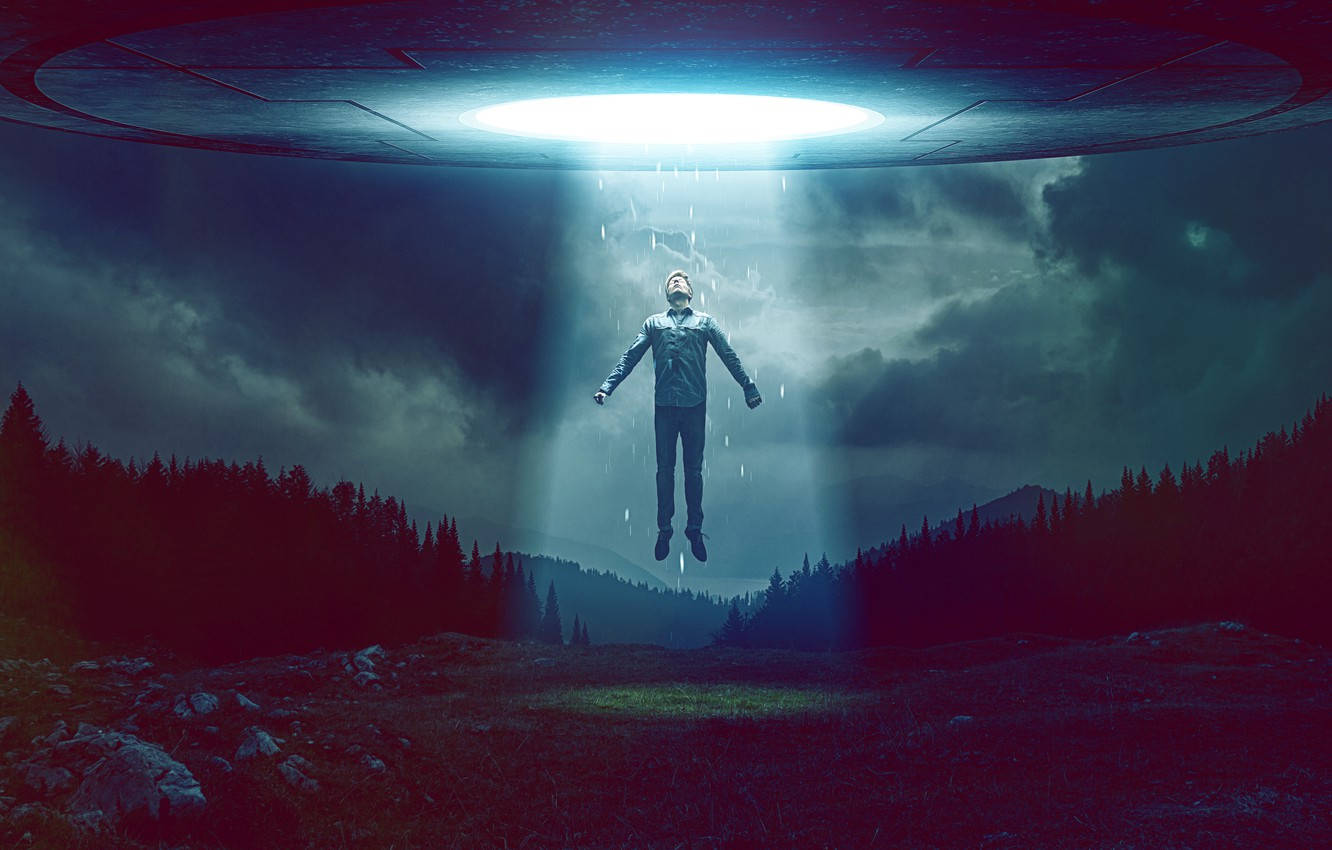 UFO, glowing UFO beam, dark forested valley, HD Desktop Wallpaper