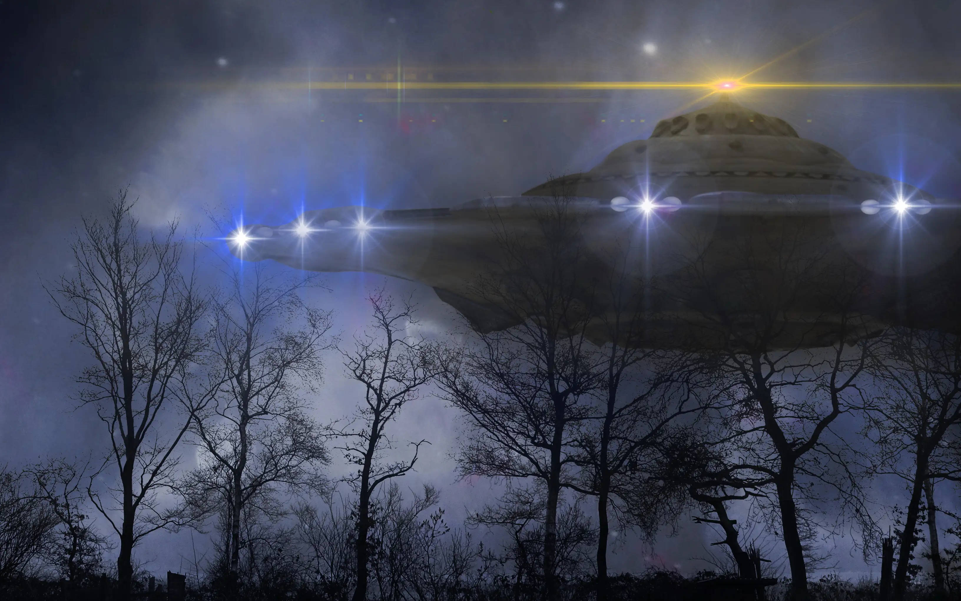 UFO, forest, starry night sky, 2K Desktop Wallpaper