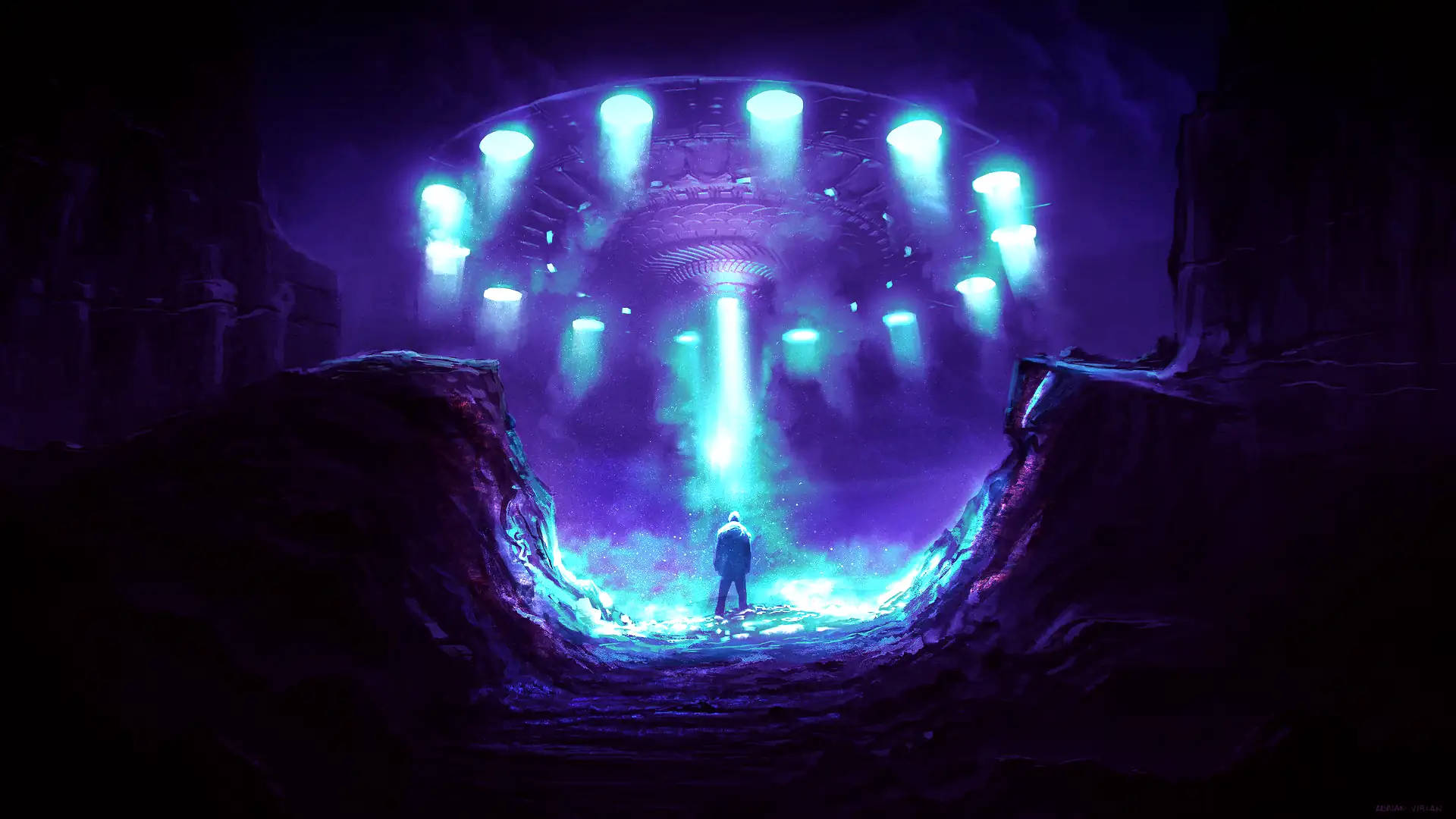 glowing UFO, alien spacecraft, dark cavern, Full HD Desktop Wallpaper