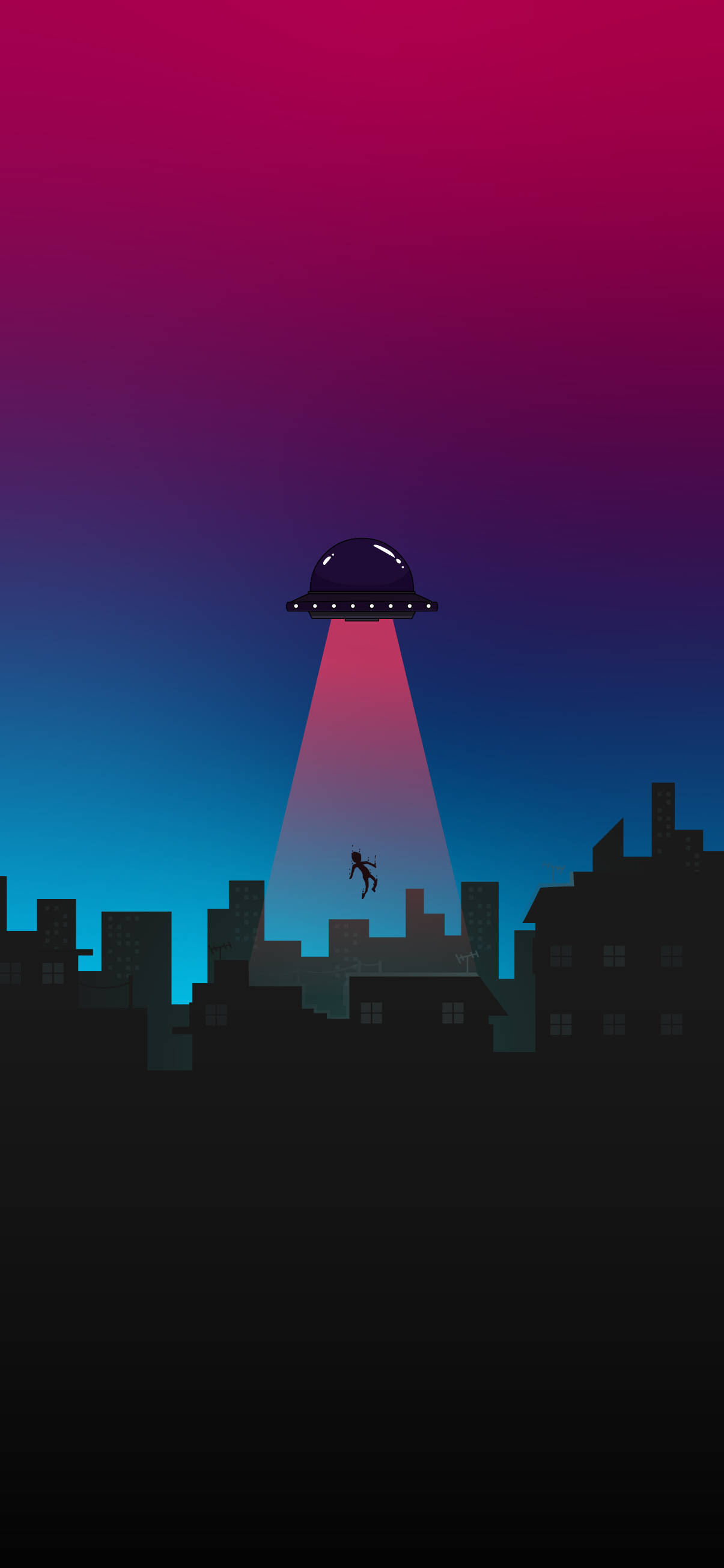 minimalist ufo abduction, glowing UFO, city skyline, 2K Phone Wallpaper
