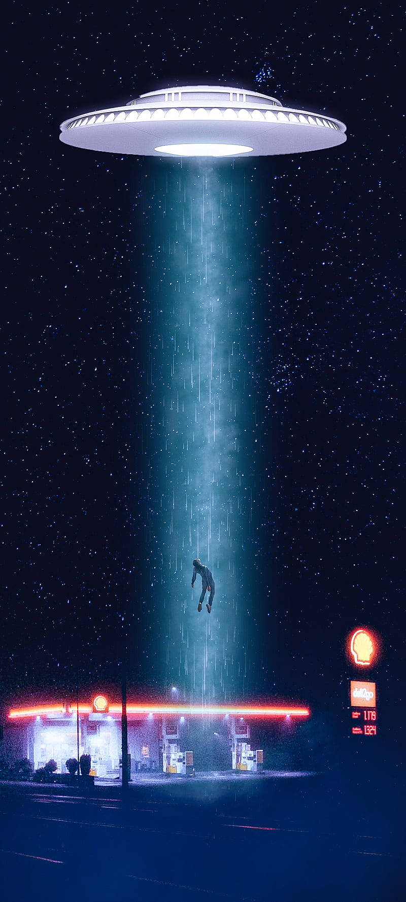 UFO, neon gas station, night, HD Phone Wallpaper
