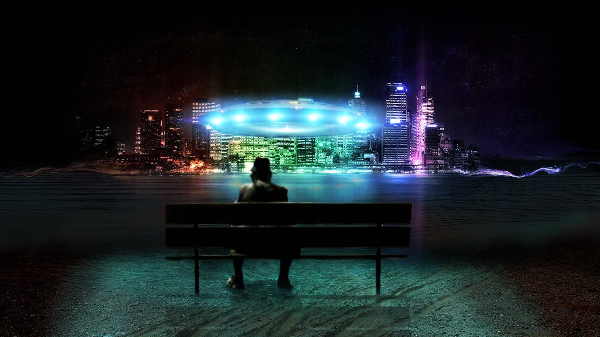 Neon City Skyline, UFO, lone figure, Full HD Desktop Wallpaper