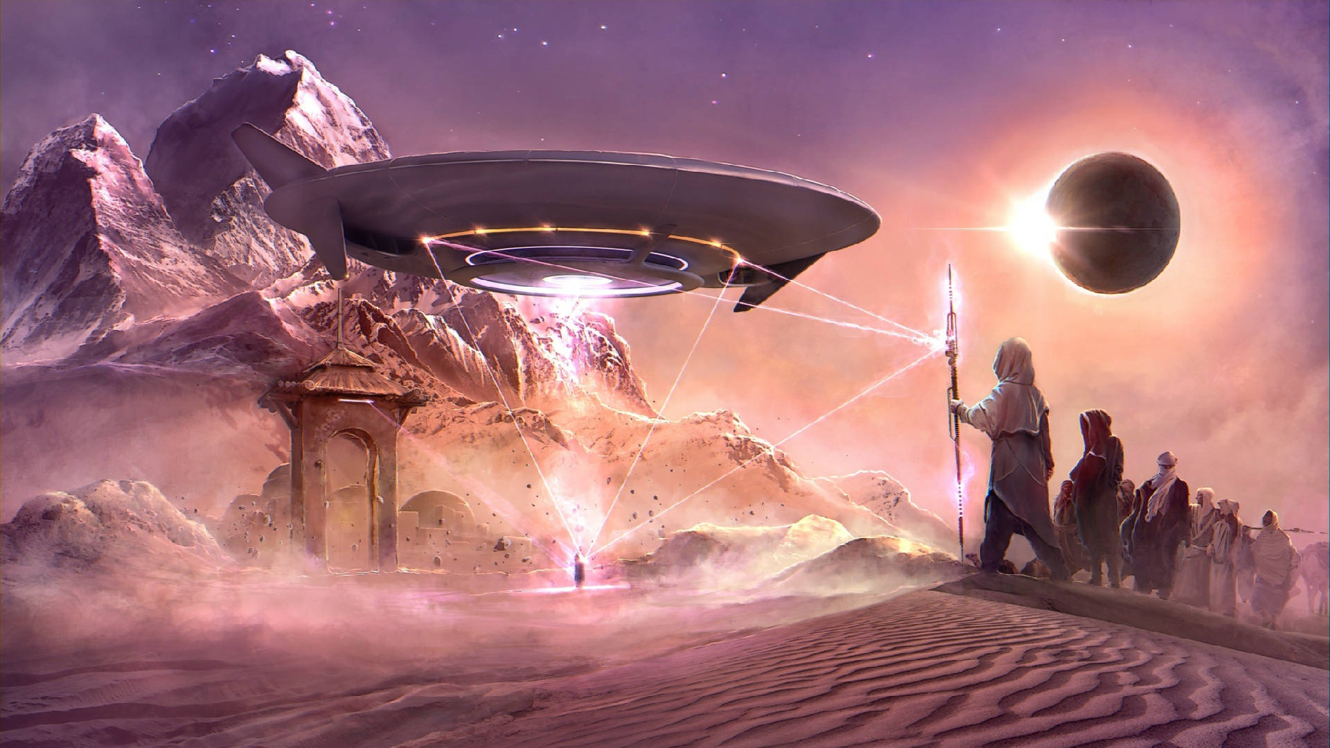 futuristic flying saucer, desert canyon, robed figures, Full HD Desktop Wallpaper