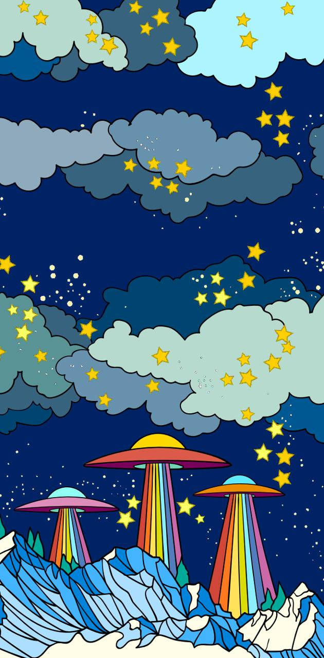 UFO, rainbow lights, snowy mountains, HD Phone Wallpaper