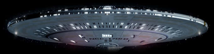 futuristic saucer-shaped spaceship, glowing lights, starry black void, SD Desktop Wallpaper