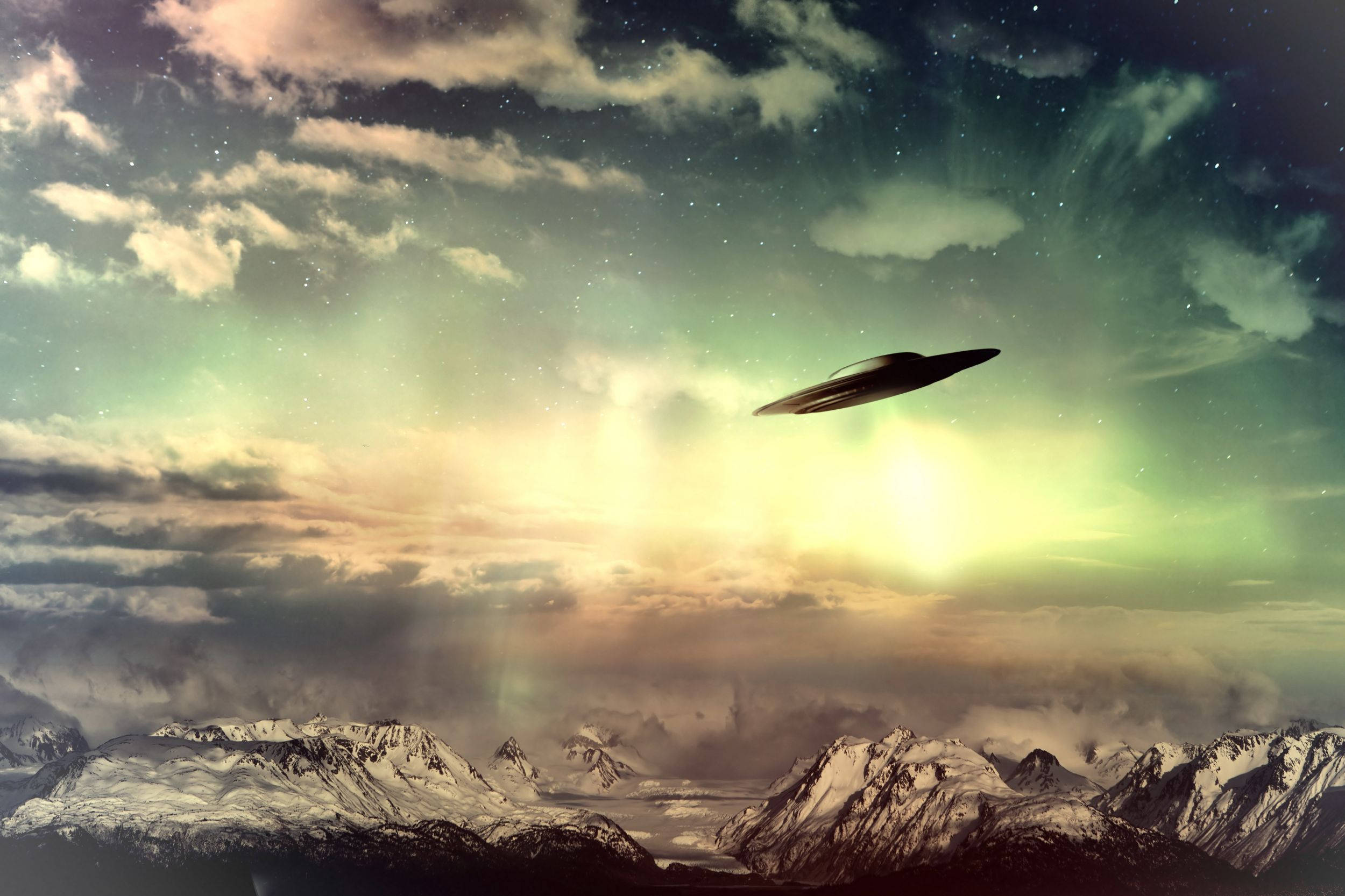 UFO, jagged peaks, snowcapped mountains, Full HD Desktop Wallpaper