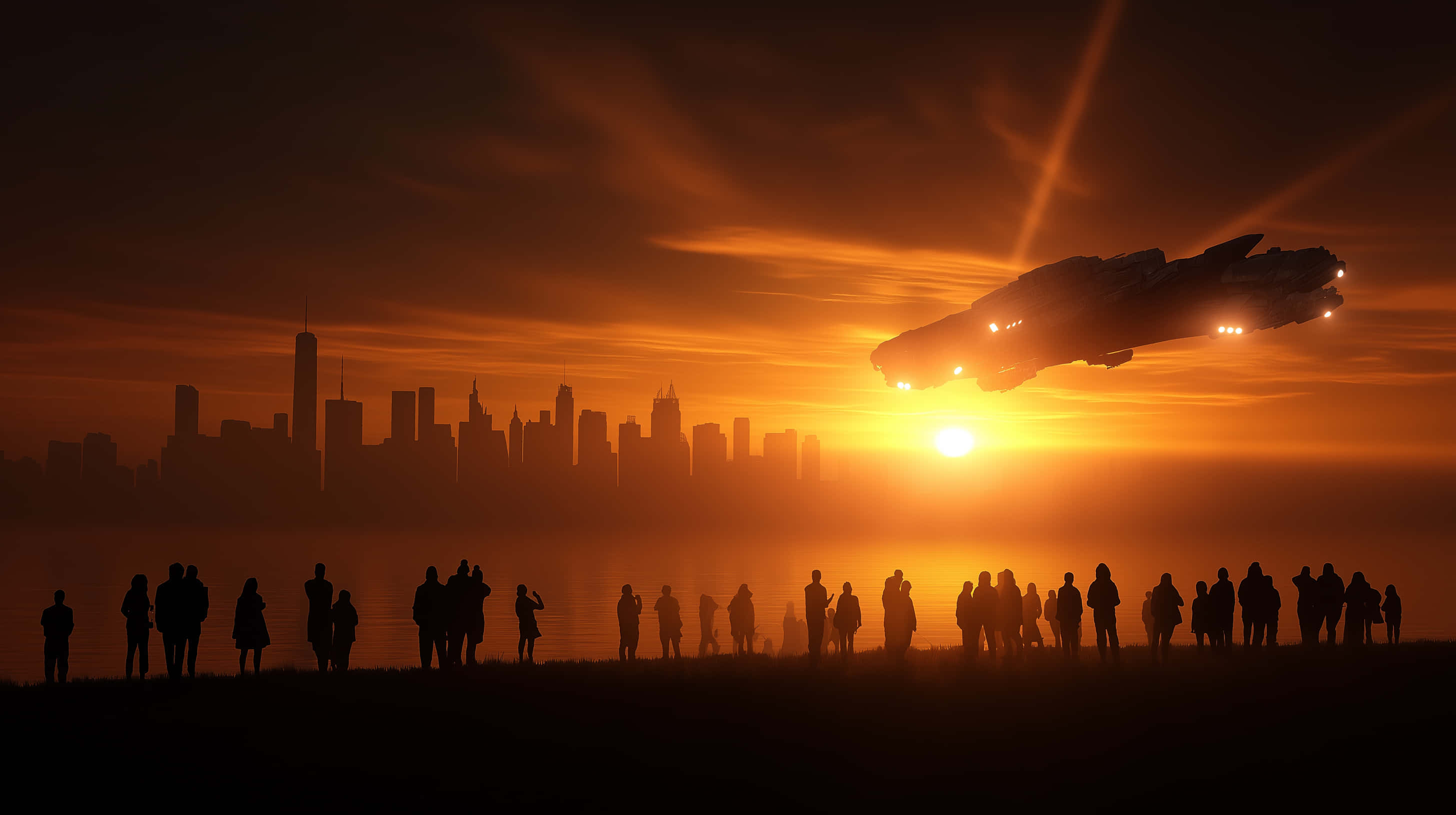 UFO, city skyline, fiery sunset, 2K Desktop Wallpaper