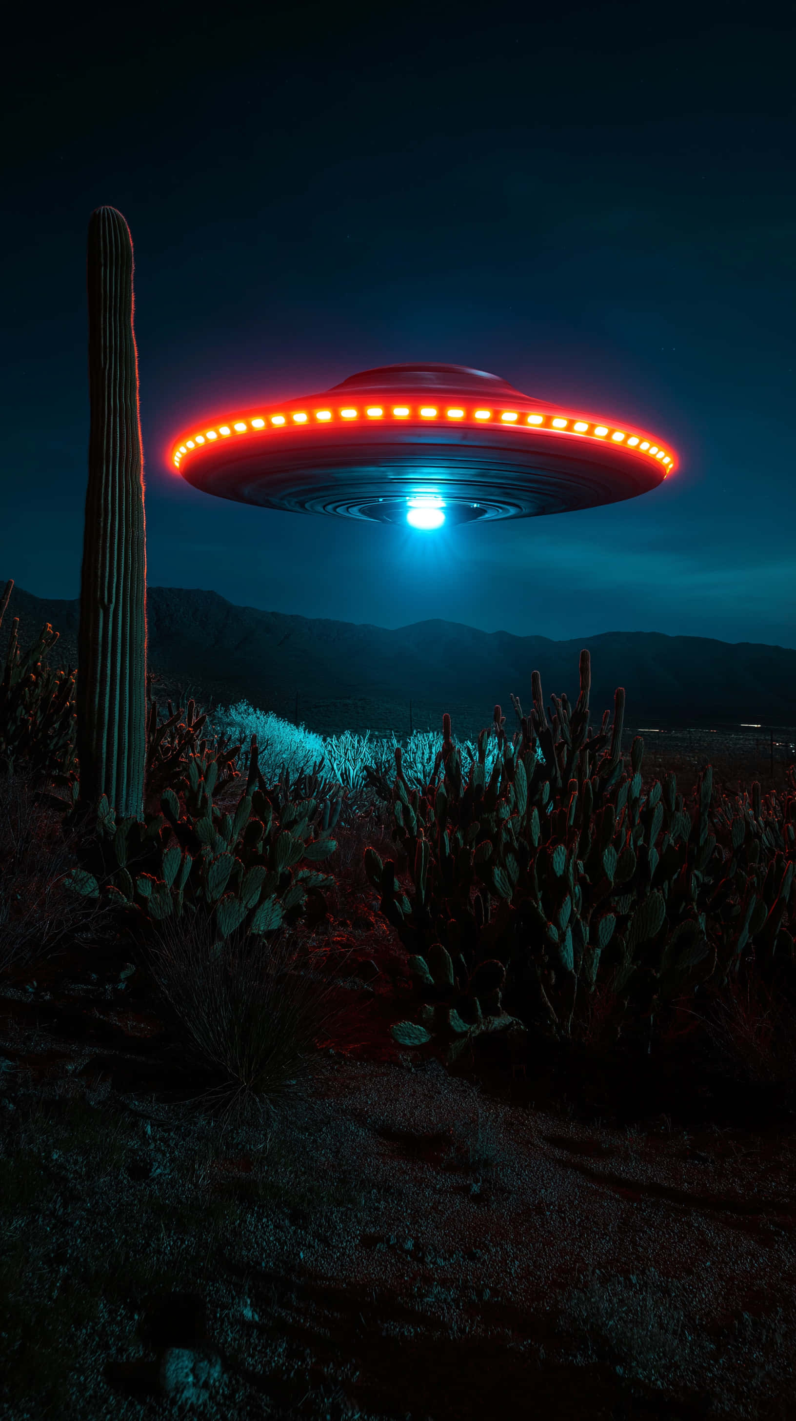 desert, UFO, saguaro cacti, 2K Phone Wallpaper