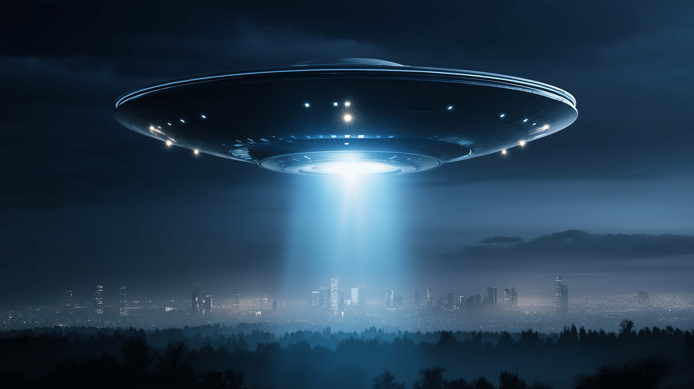 UFO, saucer-shaped, city skyline, 2K Desktop Wallpaper