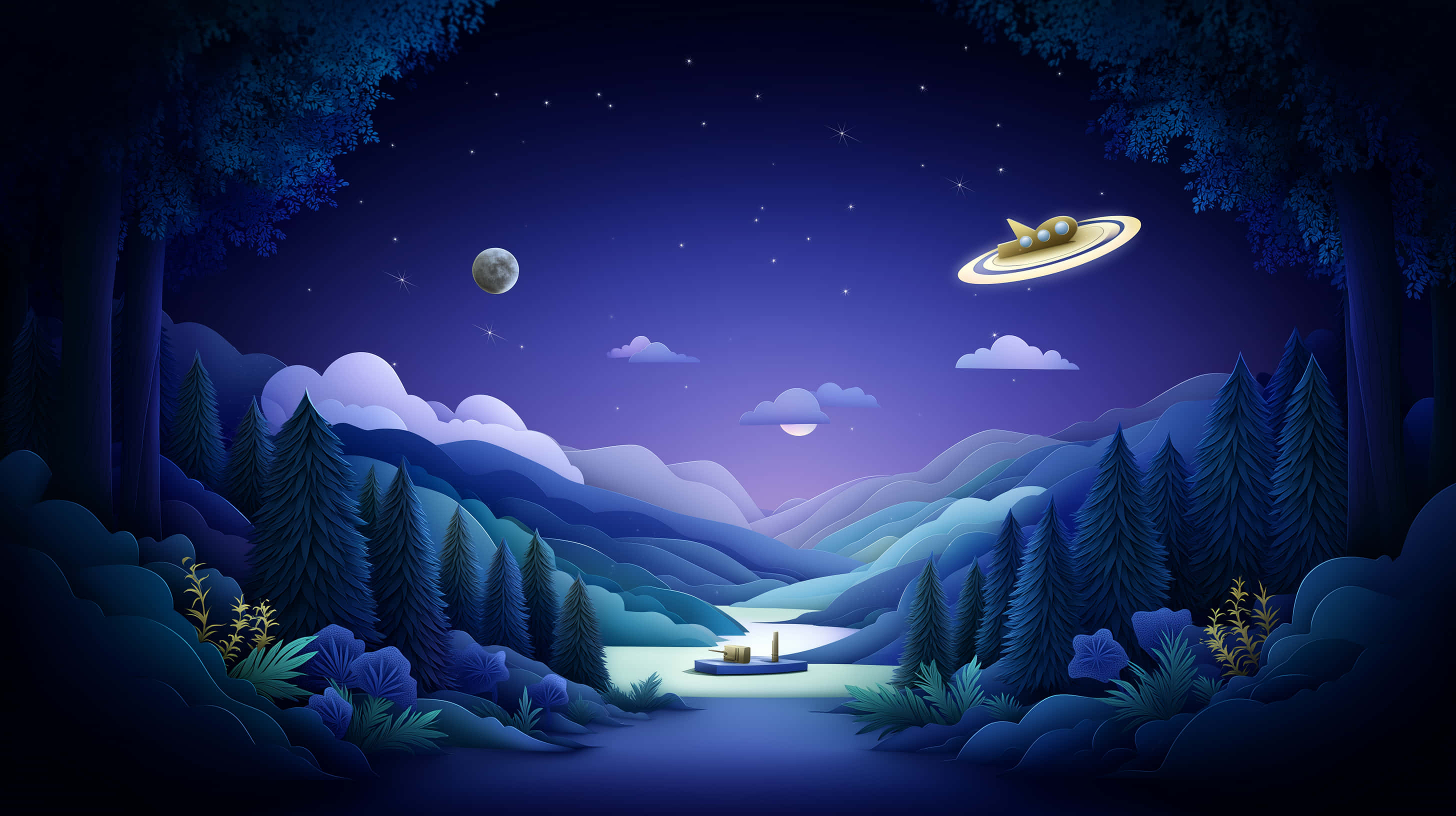 UFO, crescent moon, river valley, 2K Desktop Wallpaper