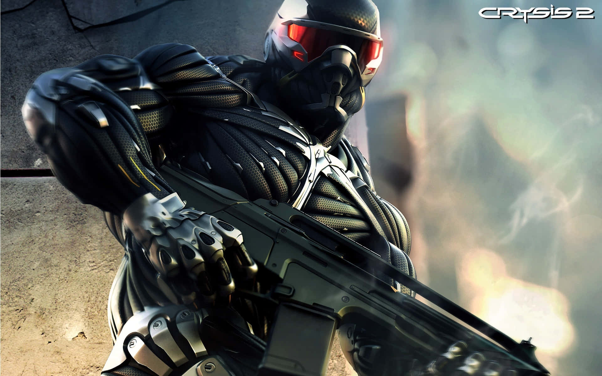 futuristic black armor, glowing red visor, rifle, Full HD Desktop Wallpaper
