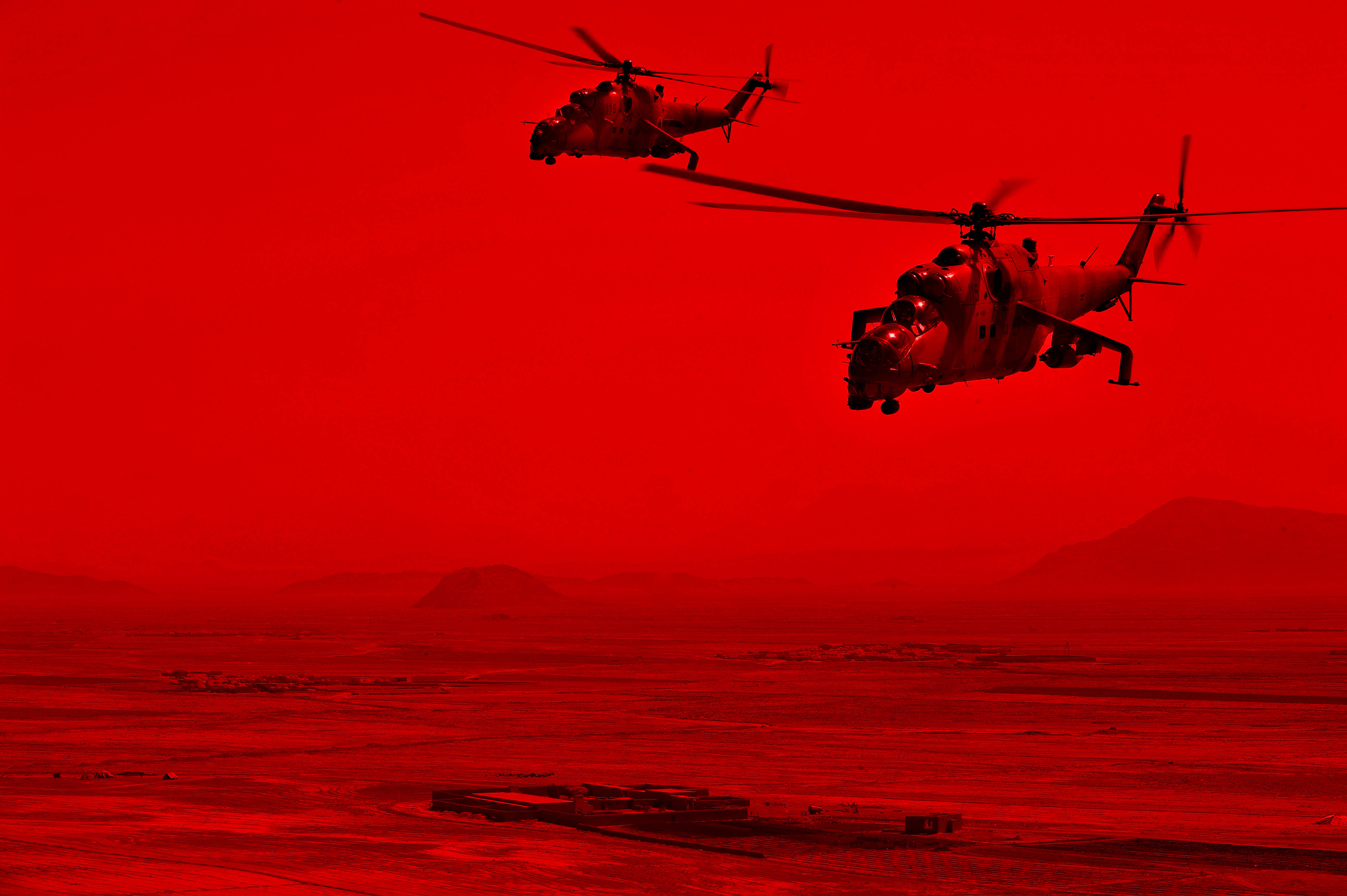 red 4k uhd military helicopter, desolate red landscape, monochromatic crimson sky, 4K Desktop Wallpaper