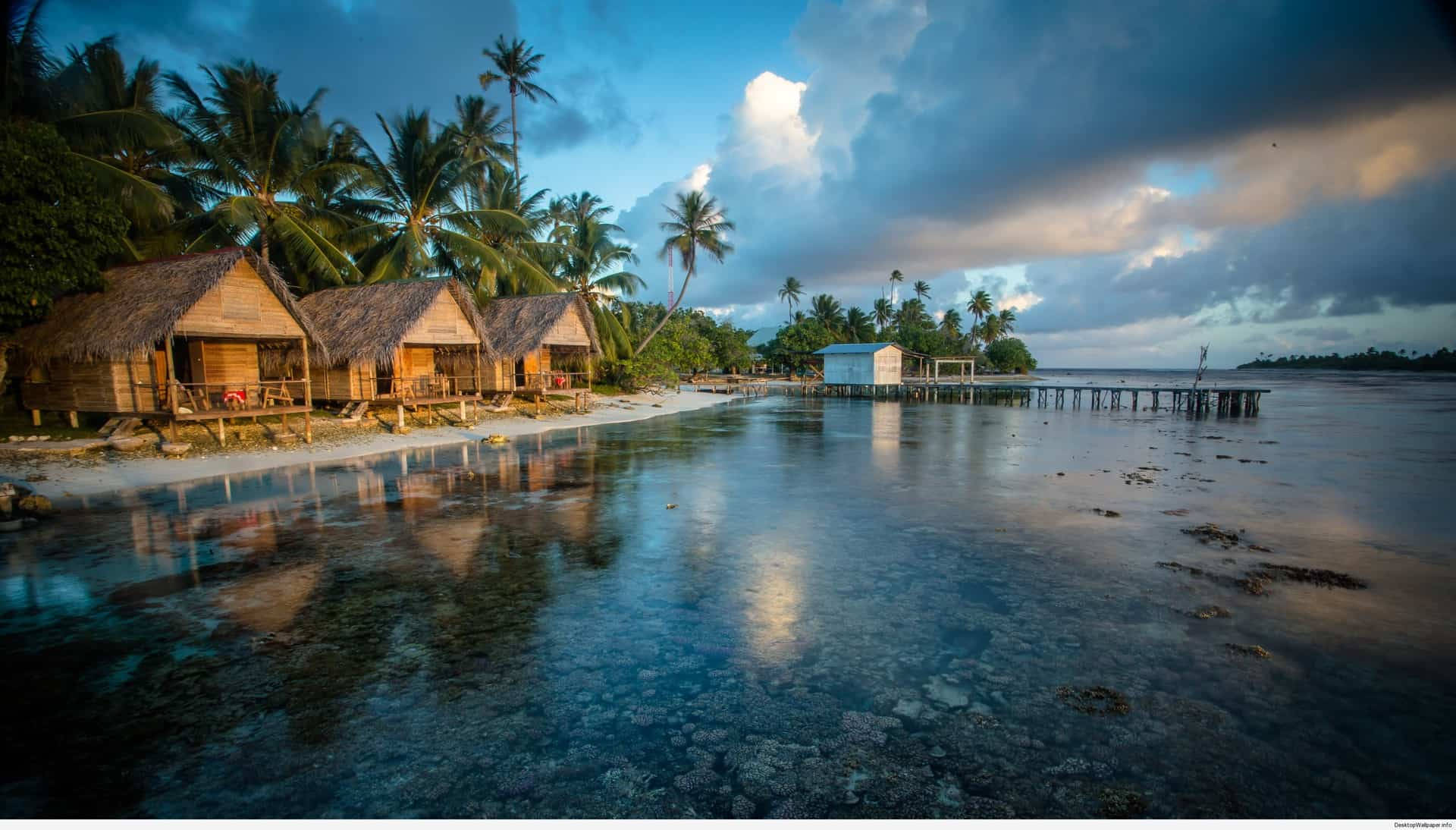 tropical beach huts, thatched roofs, calm turquoise waters, Full HD Desktop Wallpaper