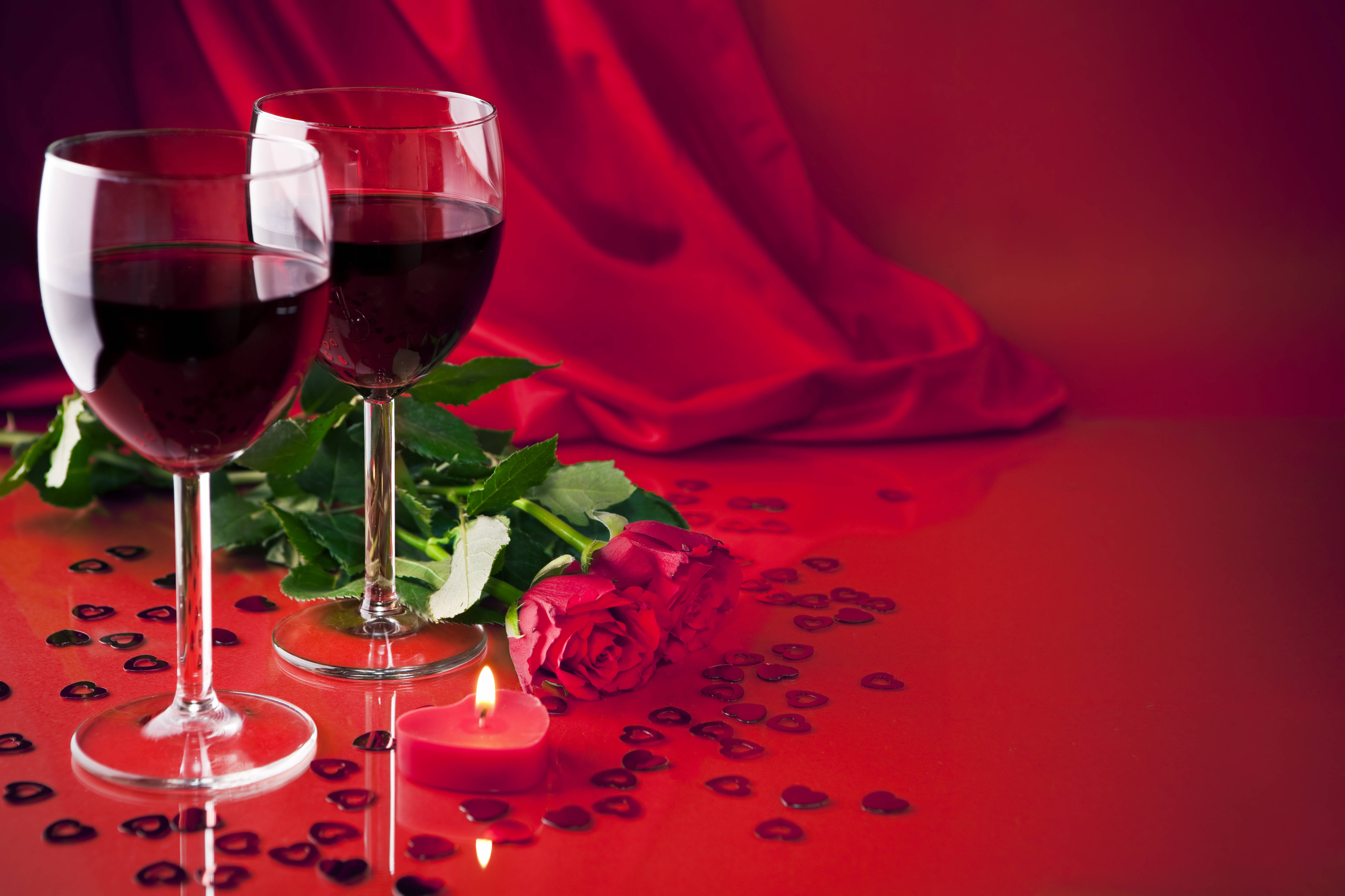 red 4K UHD, wine glasses, red roses, 5K Desktop Wallpaper