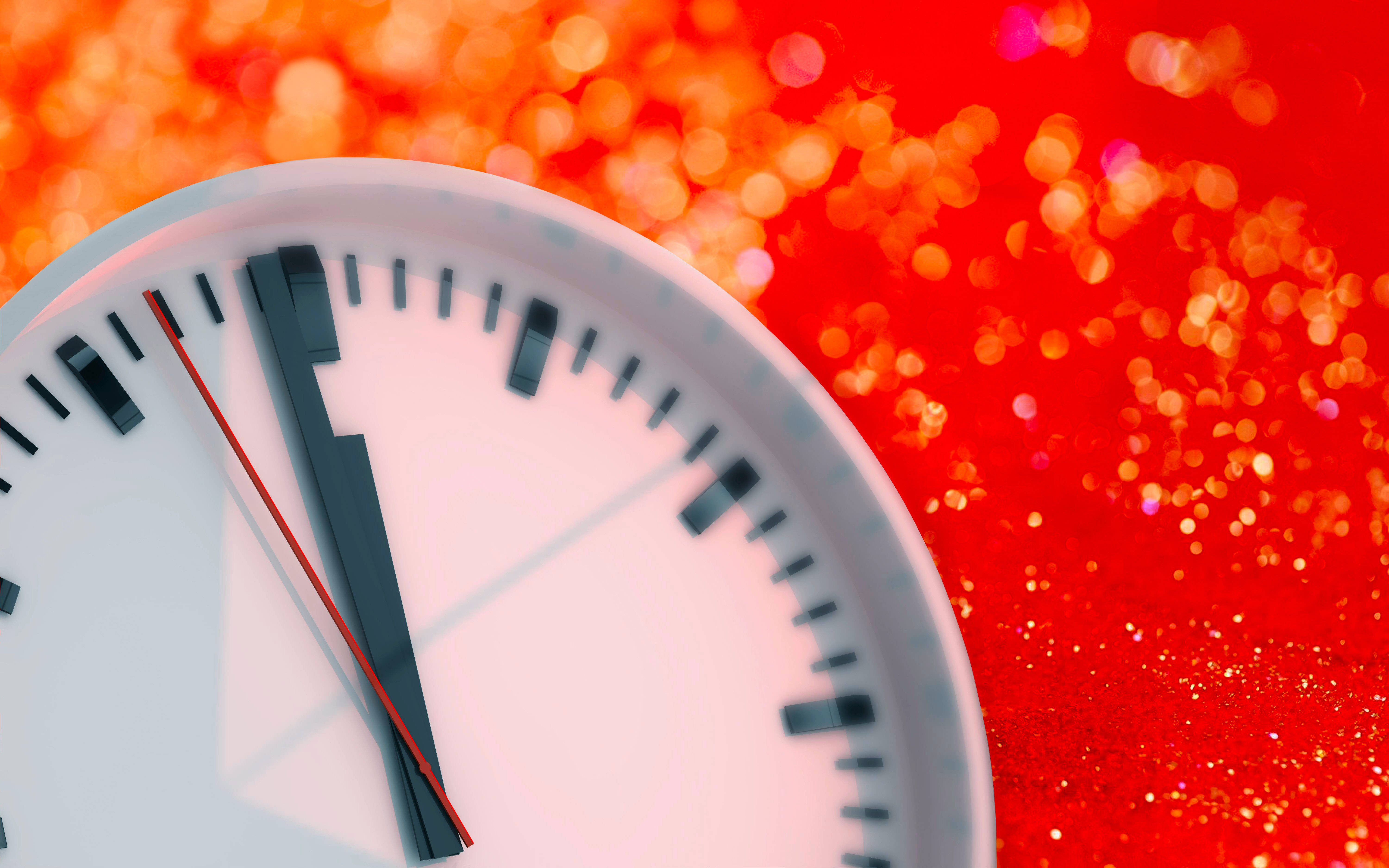 Red 4K UHD Clock Midnight, white clock, black hands, 5K Desktop Wallpaper
