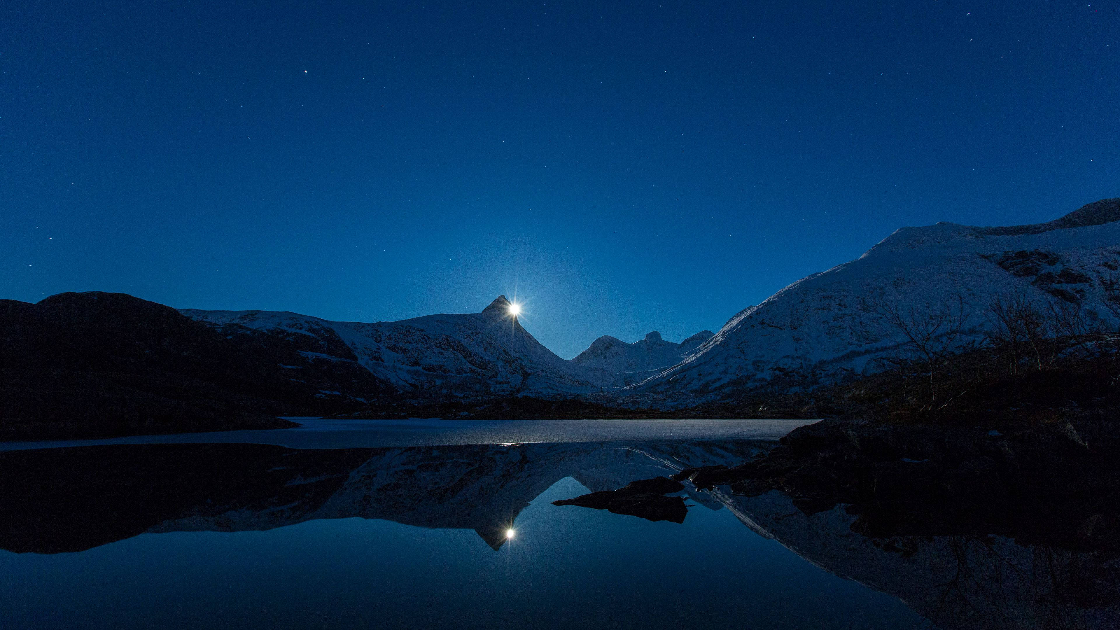 Blue Lake Night, starry night sky, calm lake, 4K Desktop Wallpaper
