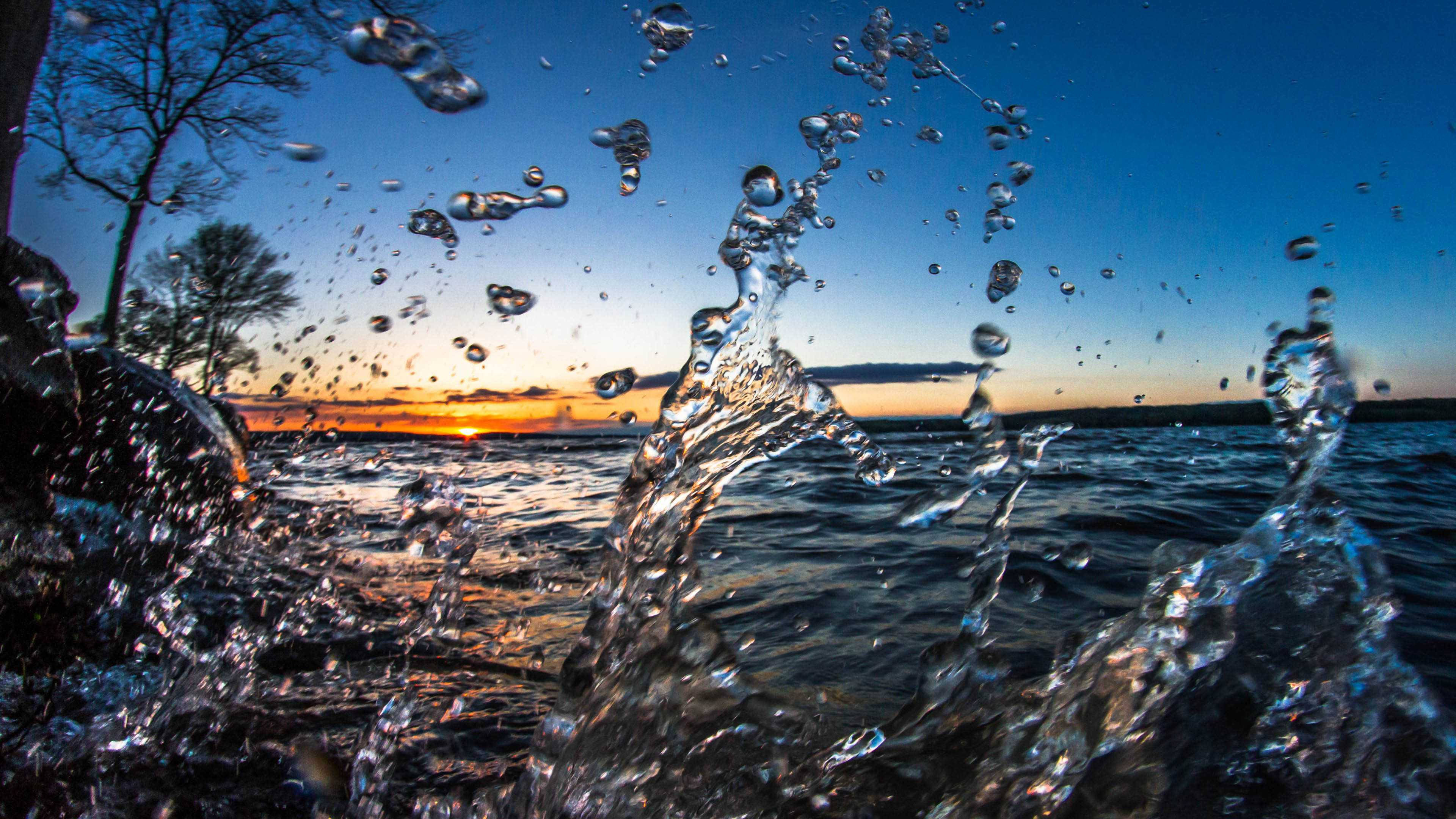 sunset, lake, water droplets, 4K Desktop Wallpaper