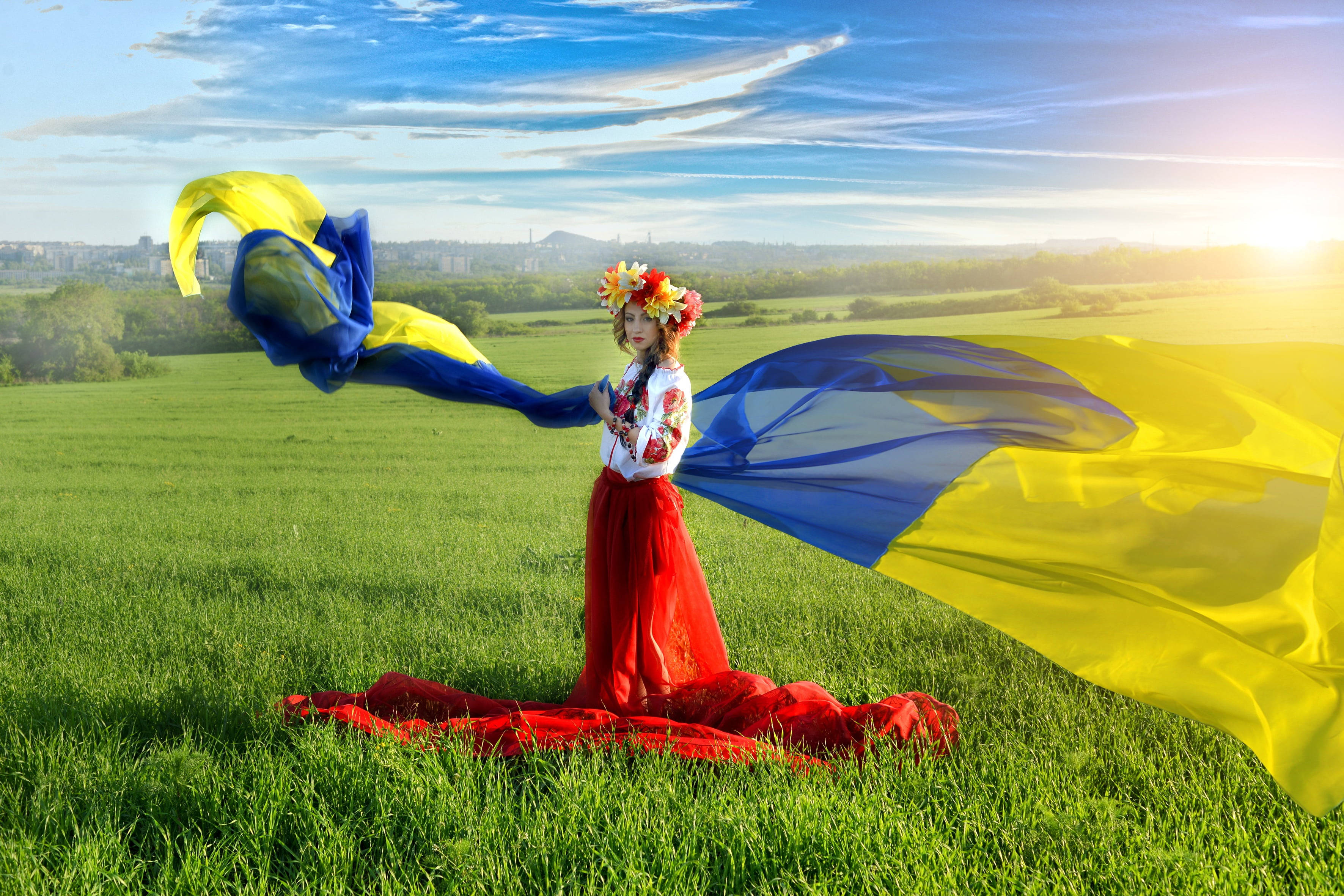 Ukraine flag, blue and yellow flag, traditional Ukrainian dress, 2K Desktop Wallpaper