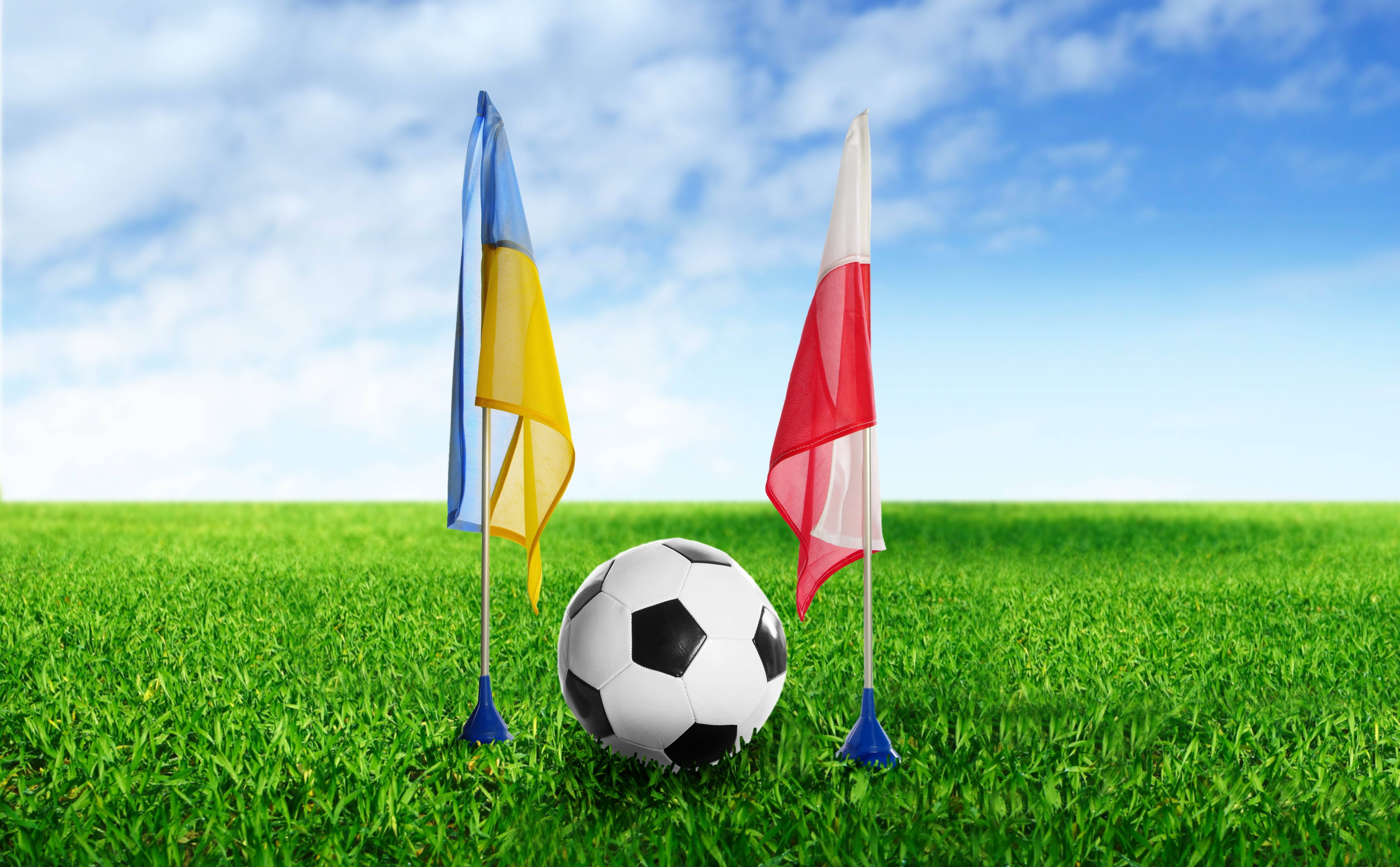 Ukraine Flag, Polish Flag, black and white soccer ball, 4K Desktop Wallpaper
