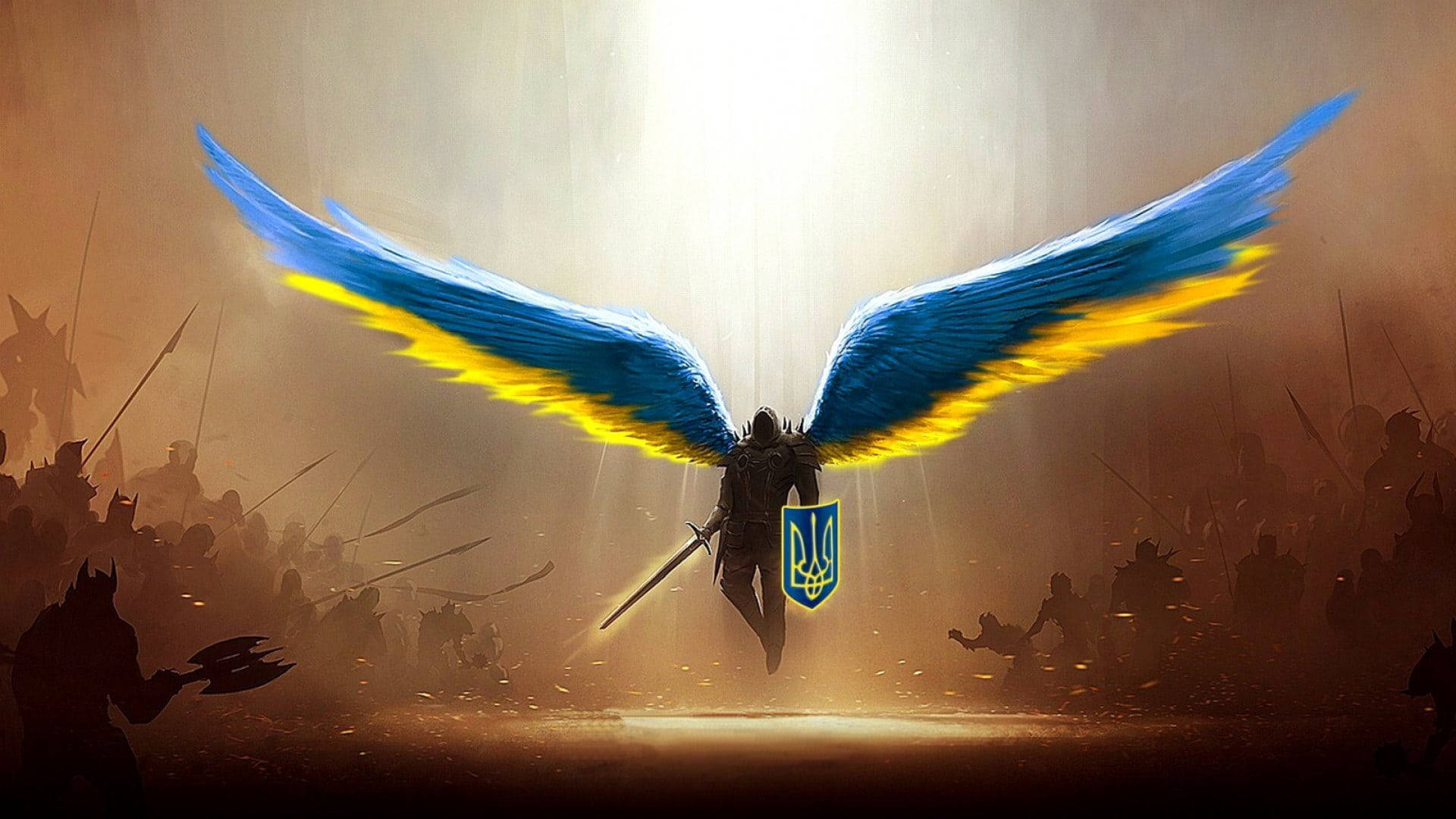 Ukraine Flag, angel soldier, blue and yellow wings, Full HD Desktop Wallpaper