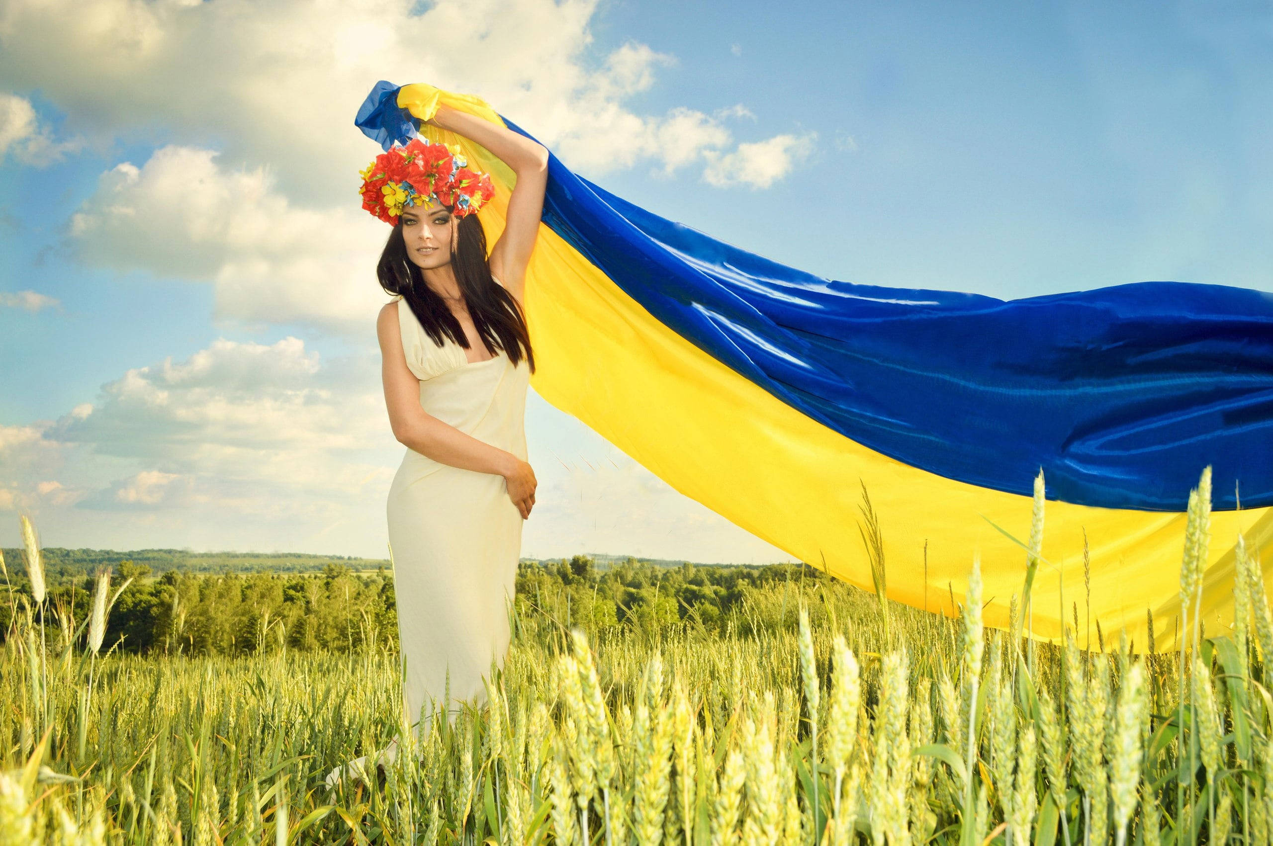 Ukraine Flag, woman, wheat field, 2K Desktop Wallpaper