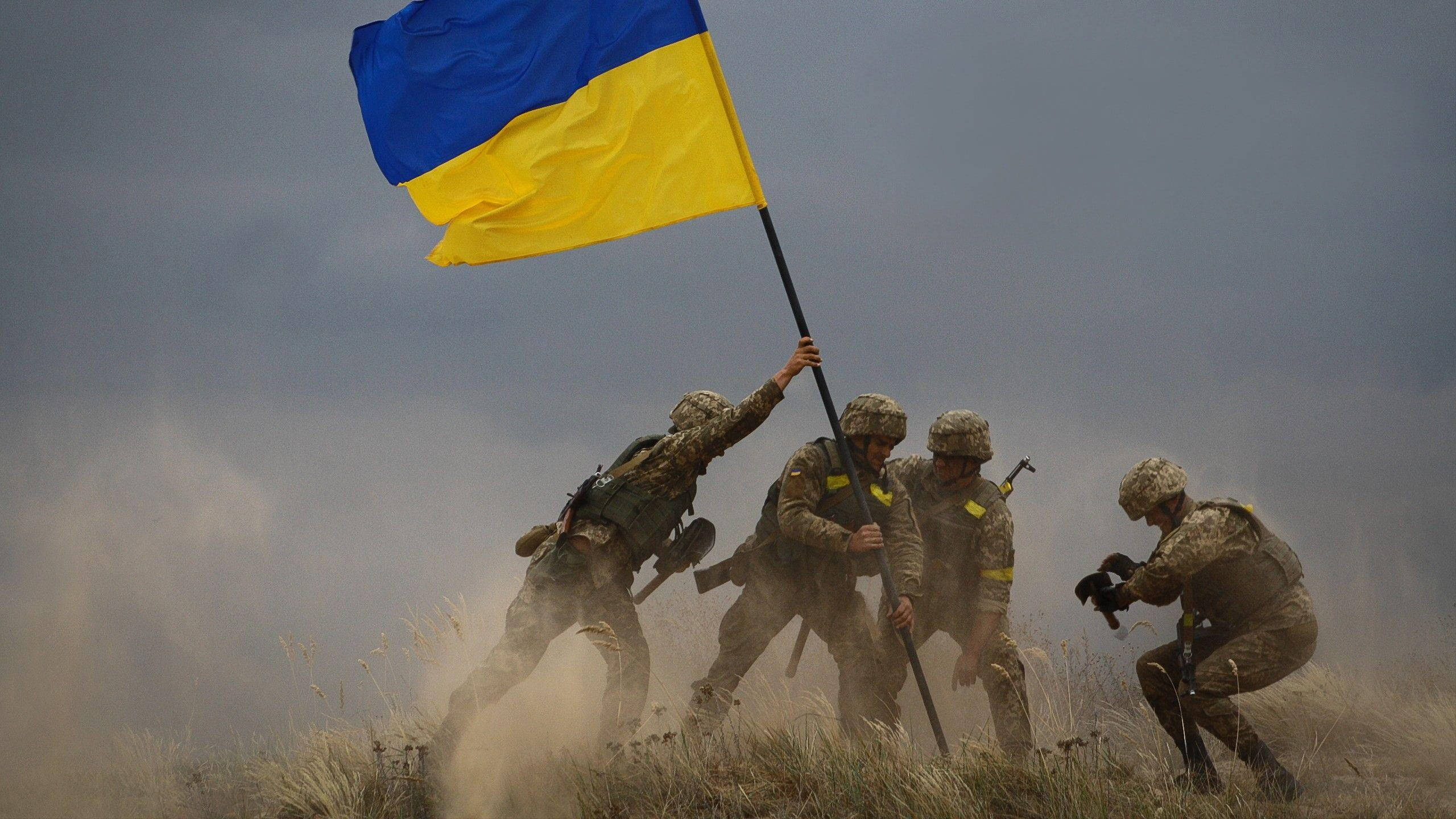 Ukraine Flag, camouflage, grassy hill, 2K Desktop Wallpaper