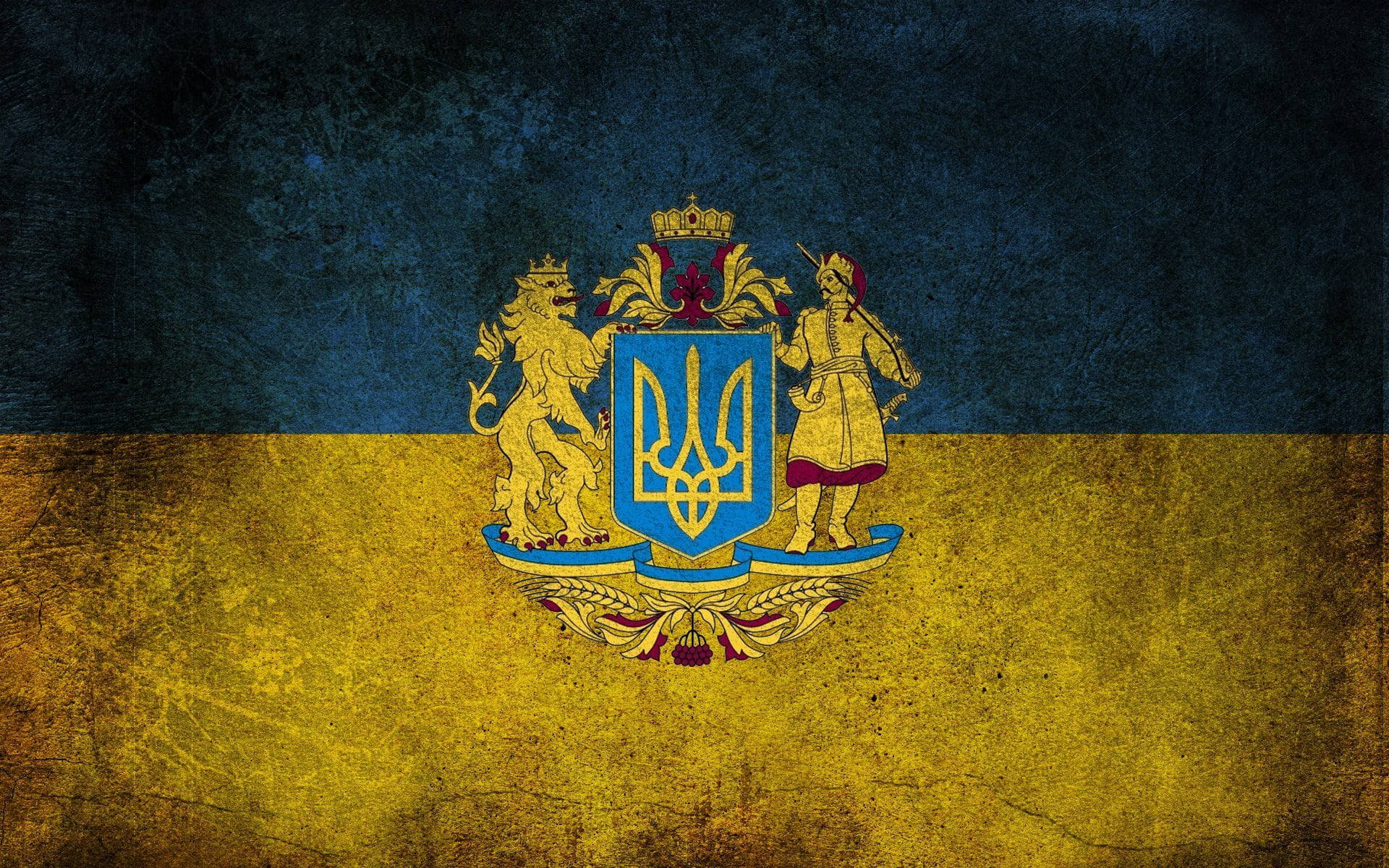 Ukraine Flag, blue and yellow stripes, coat of arms, Full HD Desktop Wallpaper