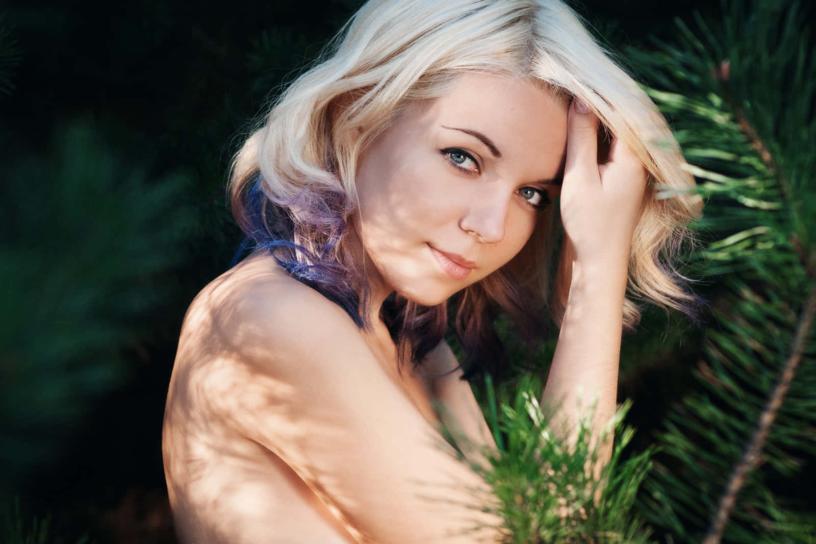 blonde ukrainian girl, purple-tipped hair, dappled sunlight, HD Desktop Wallpaper