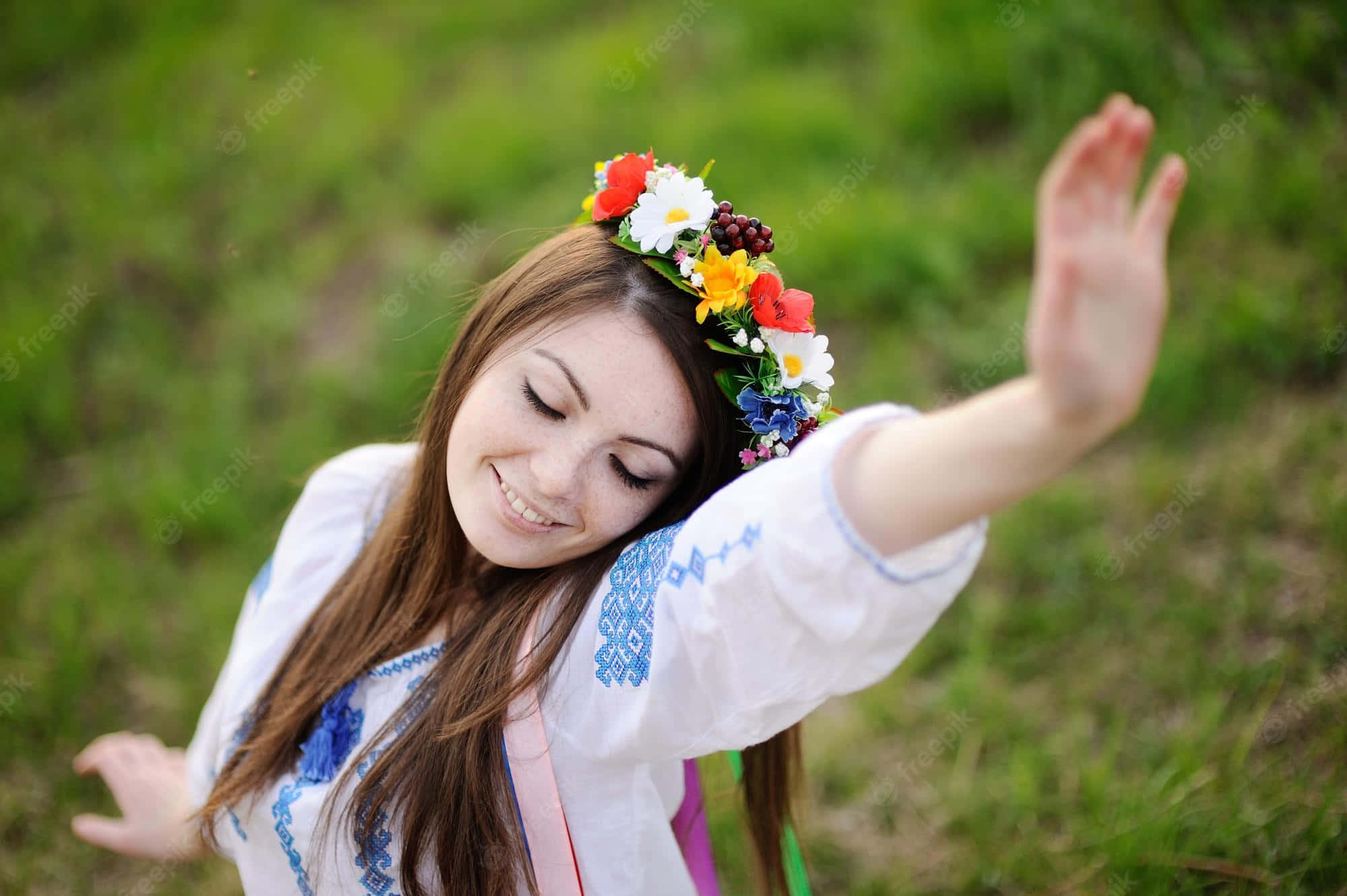 Ukrainian girl, floral crown, embroidered blouse, Full HD Desktop Wallpaper