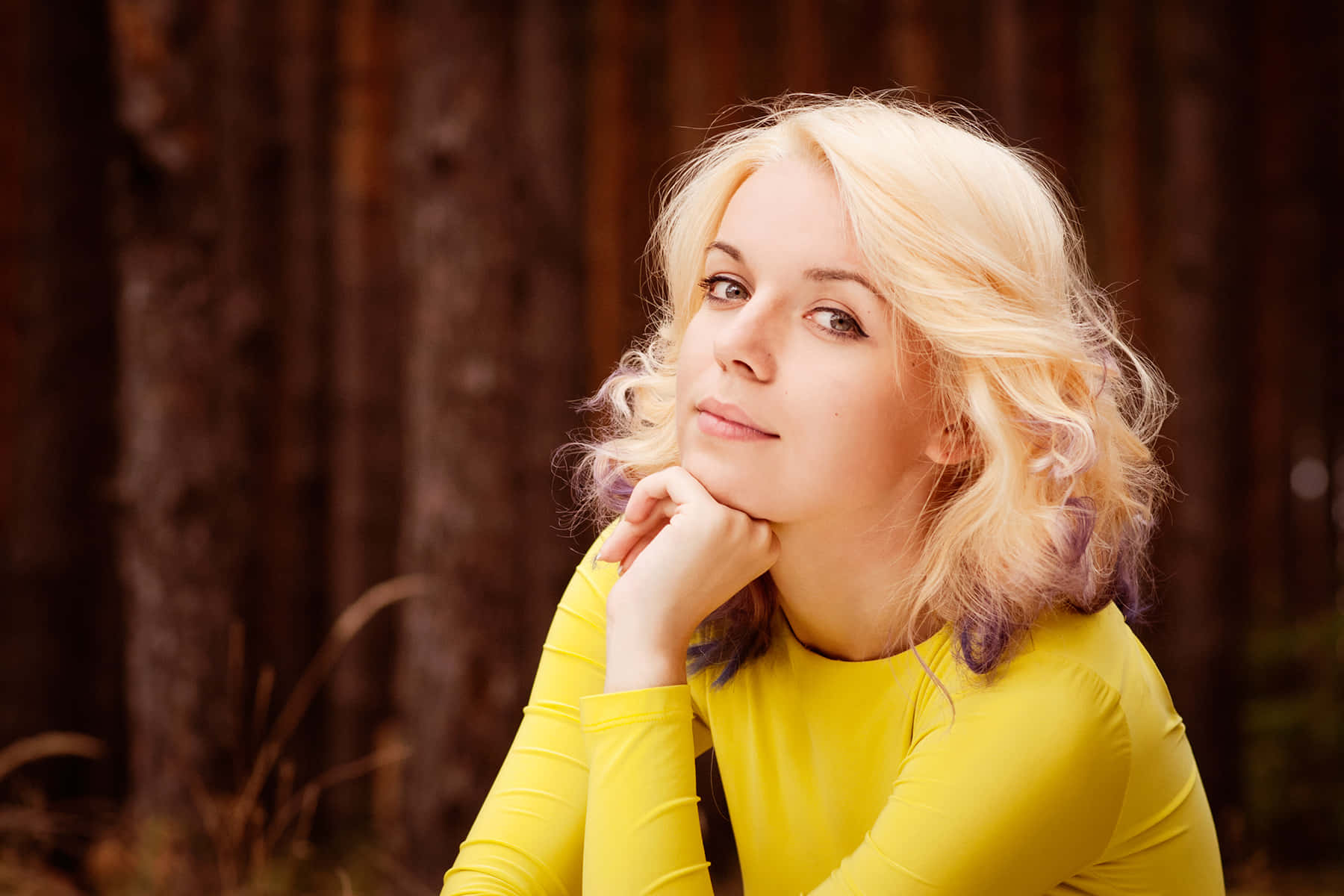 blonde Ukrainian girl, purple highlights, bright yellow top, HD Desktop Wallpaper