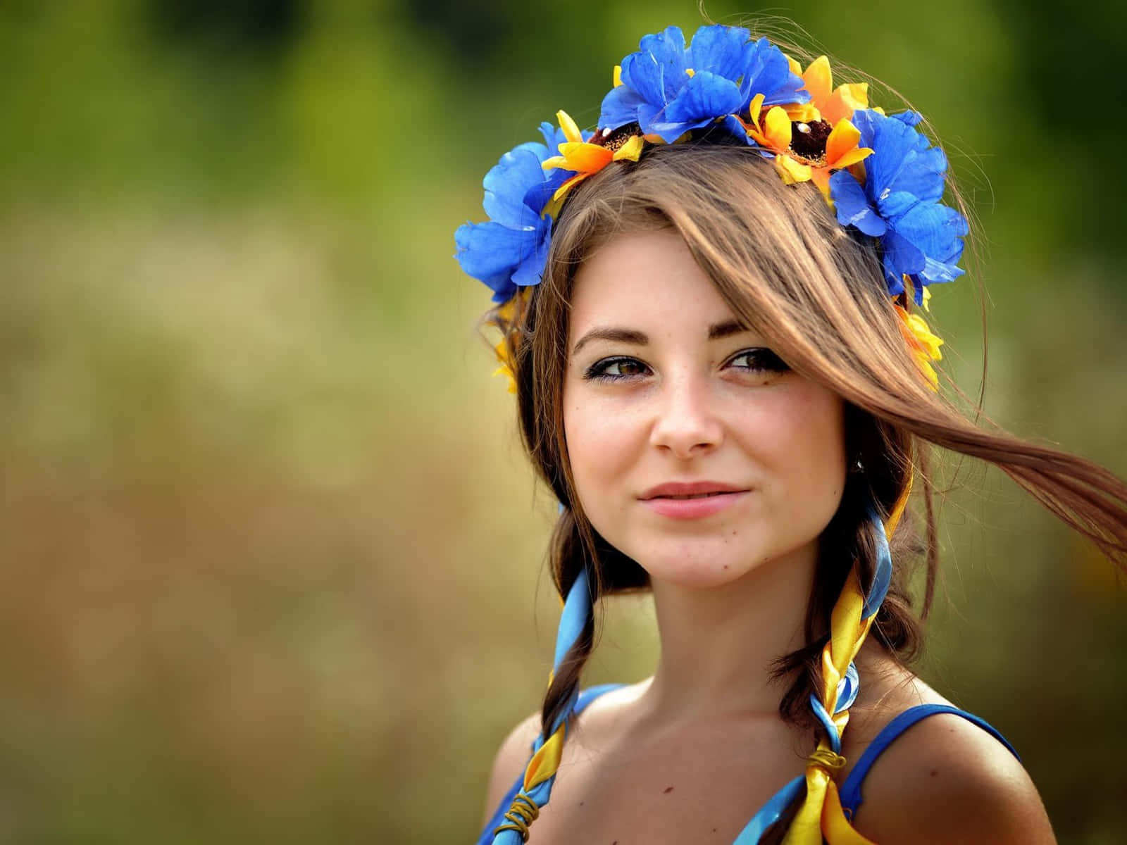 Ukrainian Girl, blue flowery headdress, braided hair, HD Desktop Wallpaper