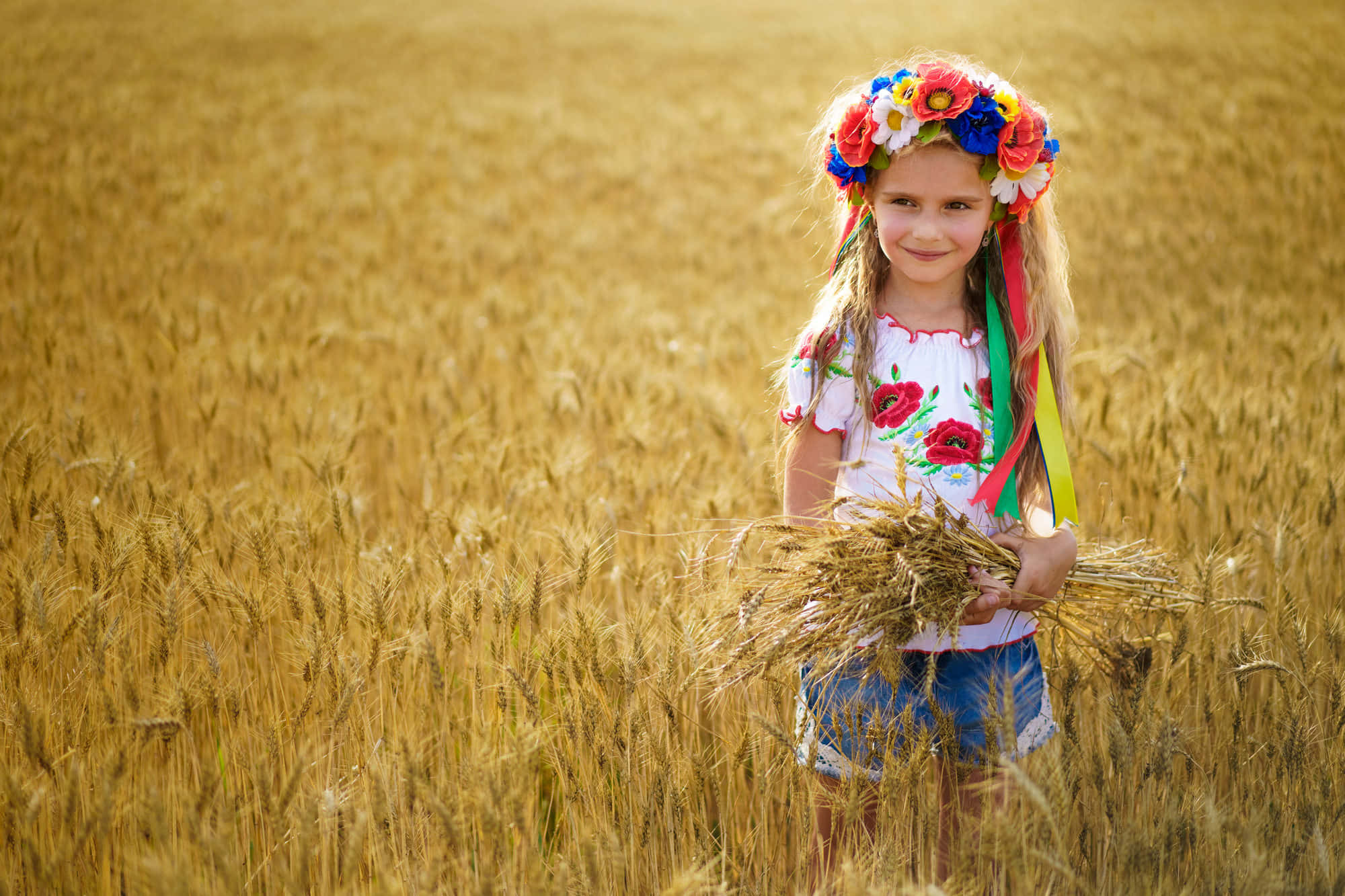 Ukrainian Girl, flower crown, wheat field, Full HD Desktop Wallpaper