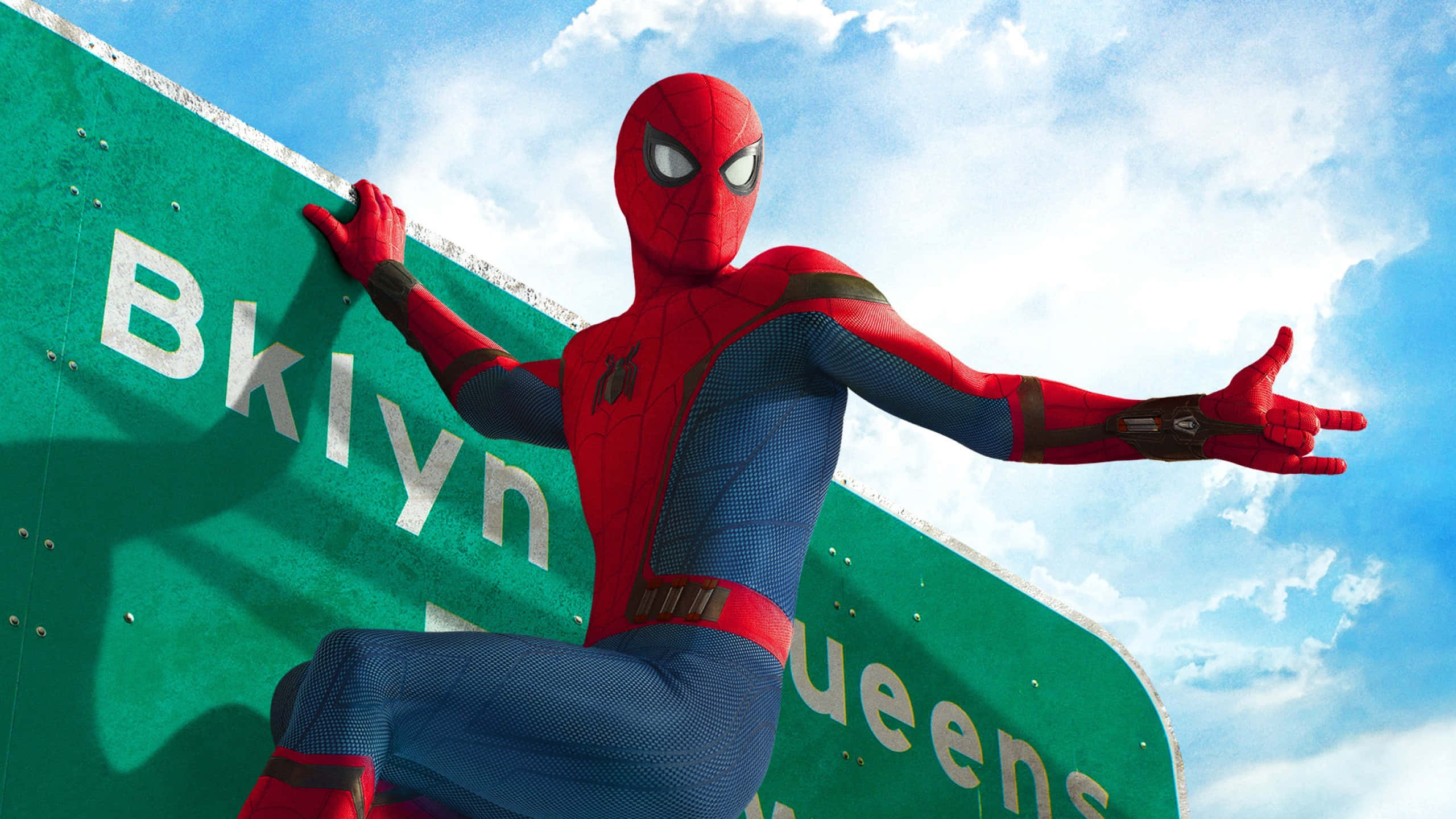 Ultimate Spider-Man, red and blue suit, green Brooklyn Queens highway sign, 2K Desktop Wallpaper