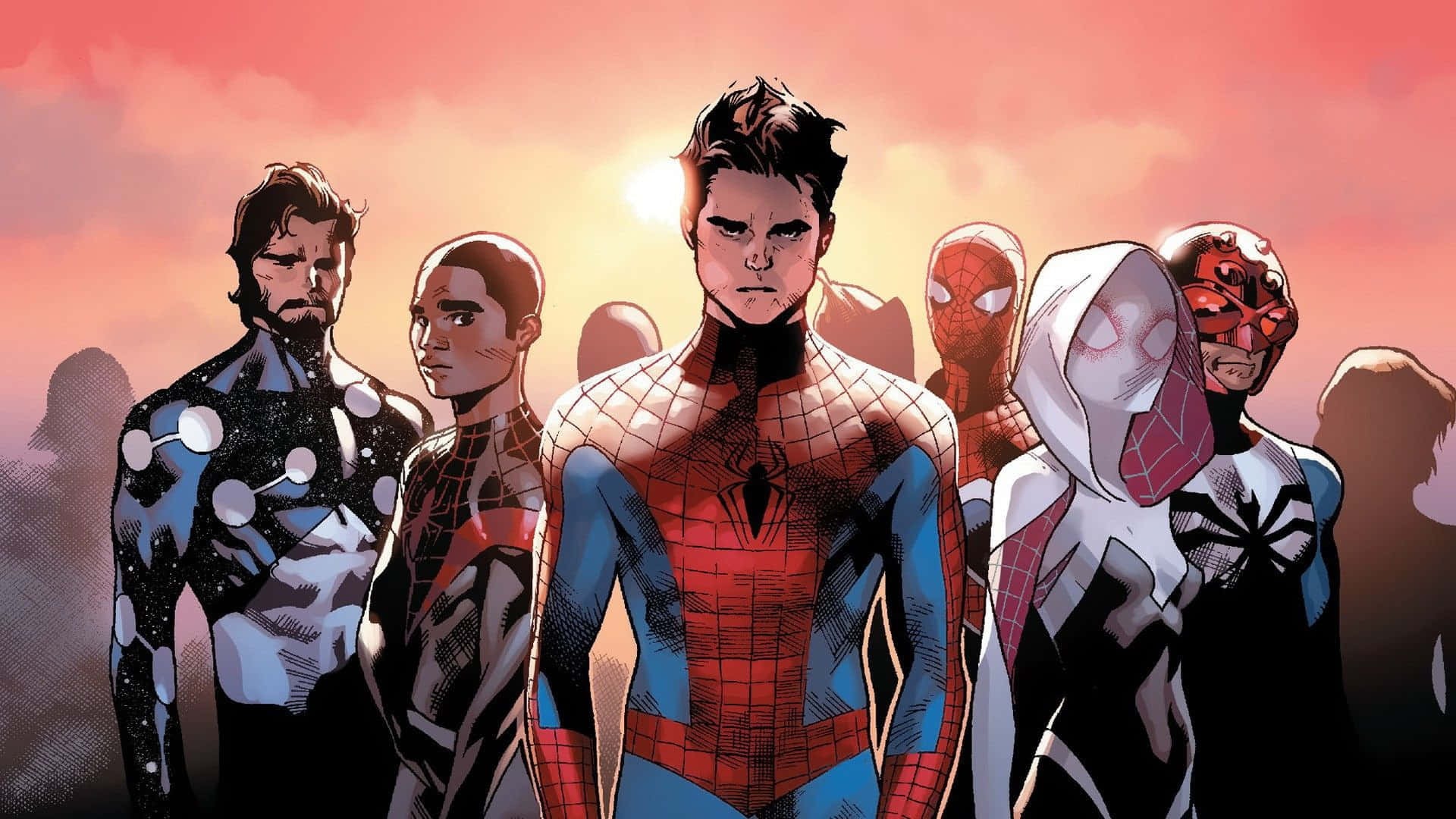Ultimate Spider-Man, glowing sunset sky, dramatic silhouettes, Full HD Desktop Wallpaper