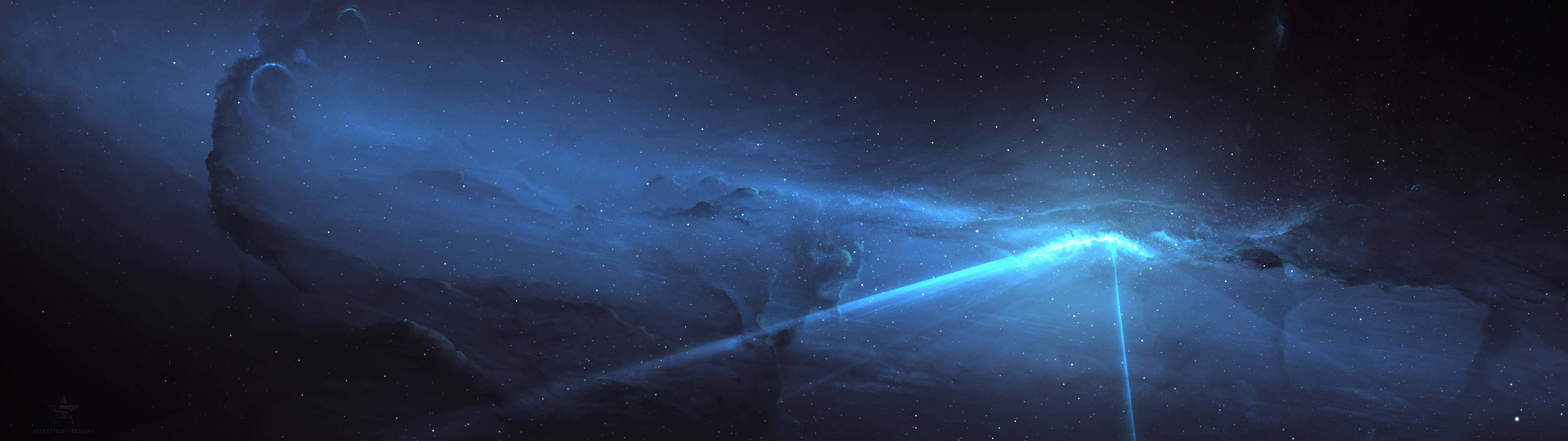 Ultra HD Dual Monitor, Glowing Blue Light, cosmic nebula, 8K Desktop Wallpaper