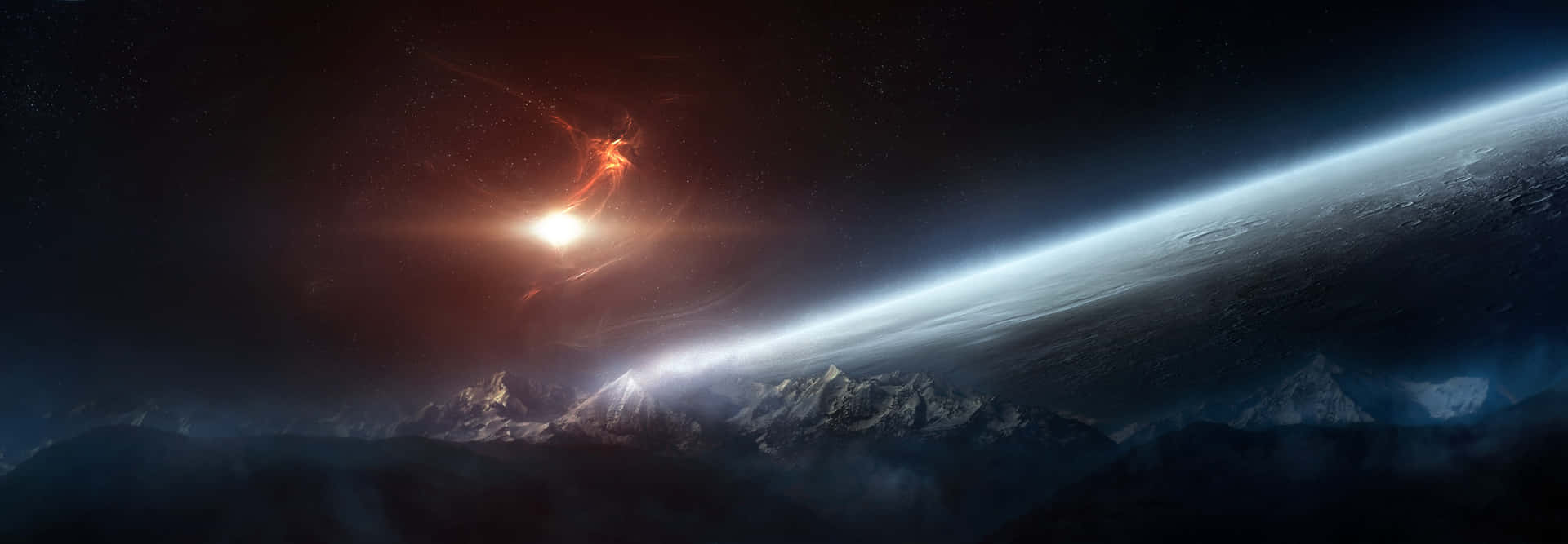 Ultra HD Dual Monitor, cosmic nebula, jagged mountain range, Full HD Desktop Wallpaper