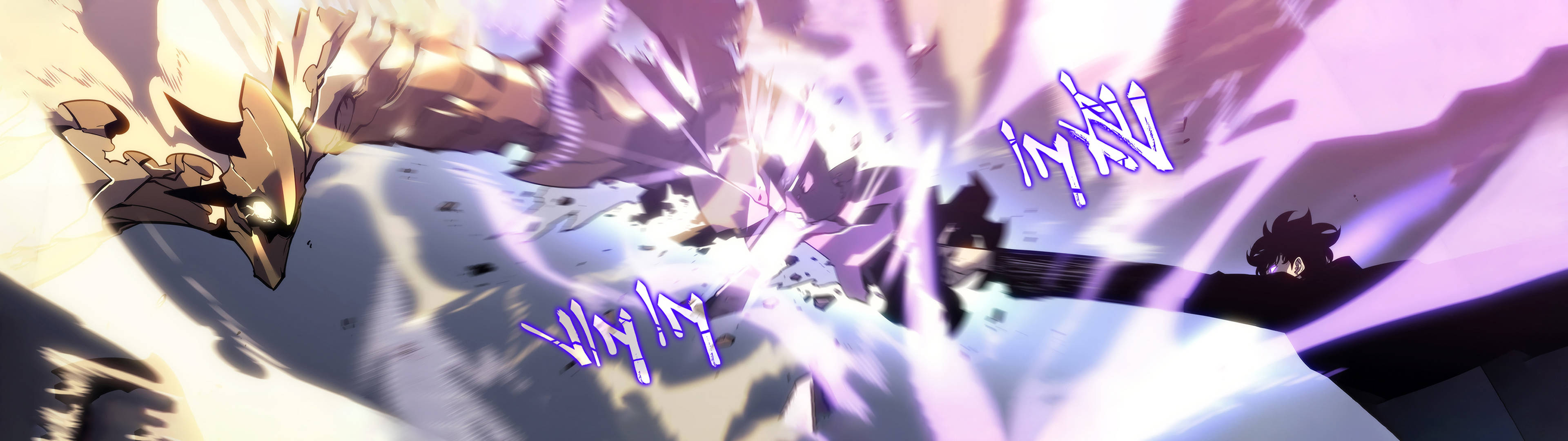 golden armored figure, dark silhouette, explosive purple energy effects, 4K Desktop Wallpaper