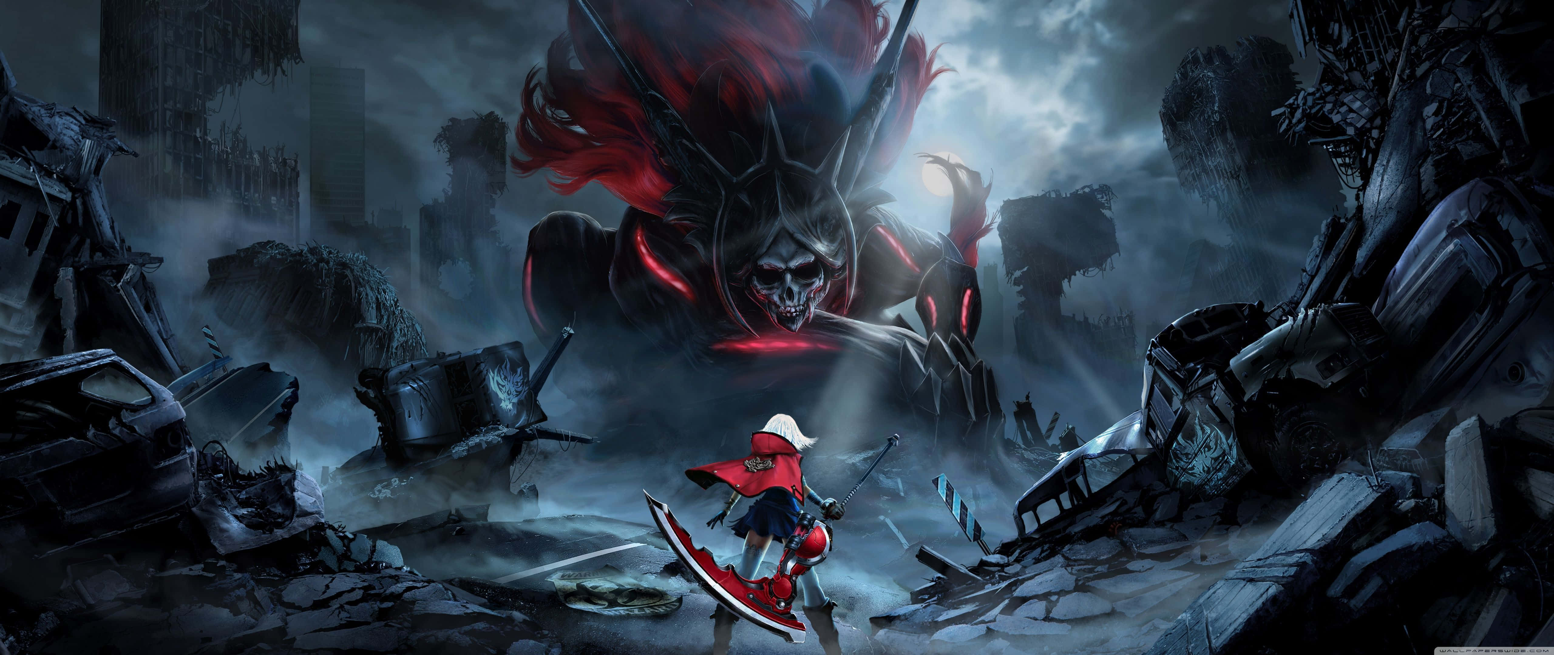 red-clad warrior, towering demonic skull monster, ruined cityscape, 5K Desktop Wallpaper