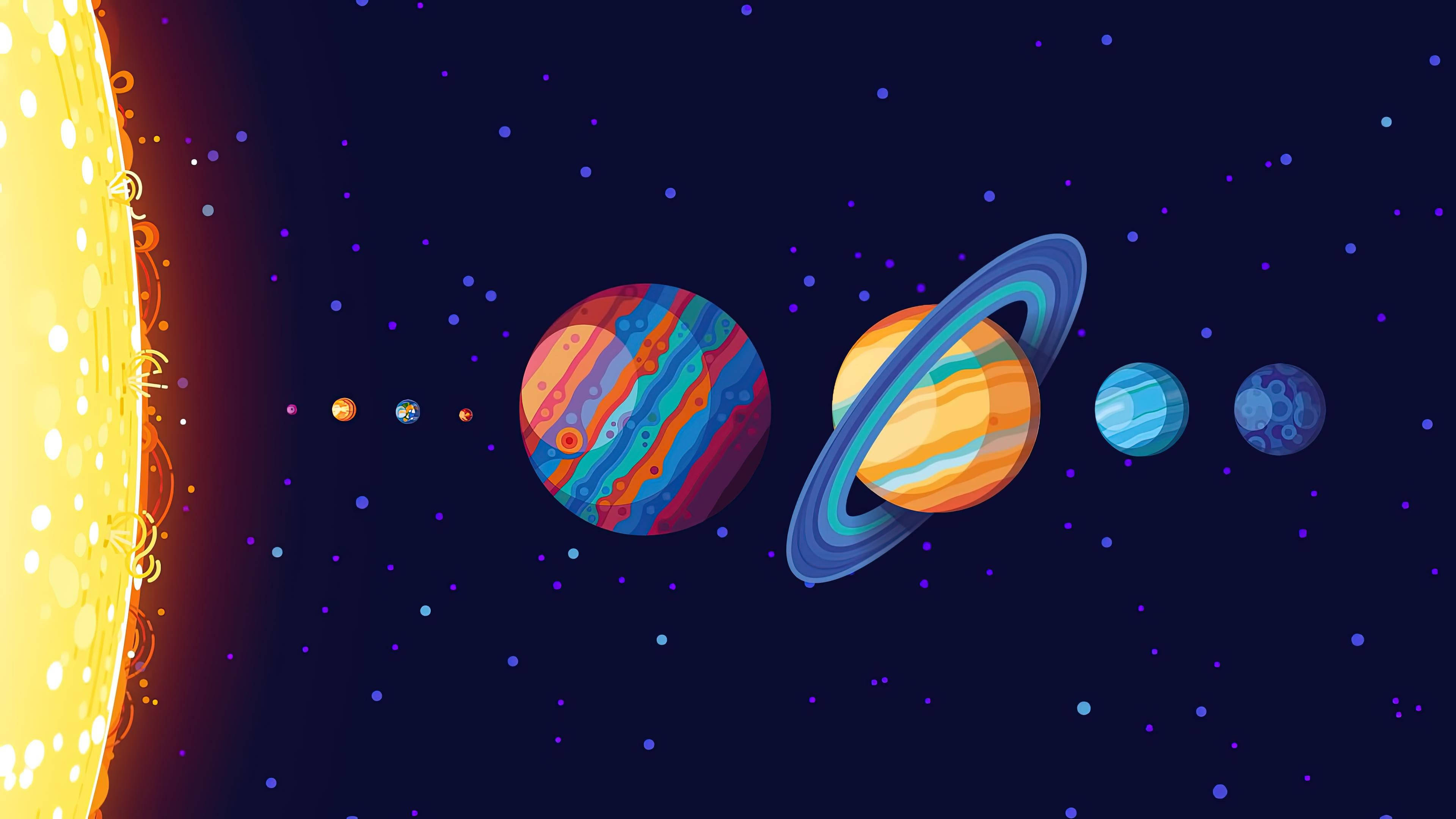Ultra HD Solar System Art Laptop, cartoon planets, glowing sun, 4K Desktop Wallpaper