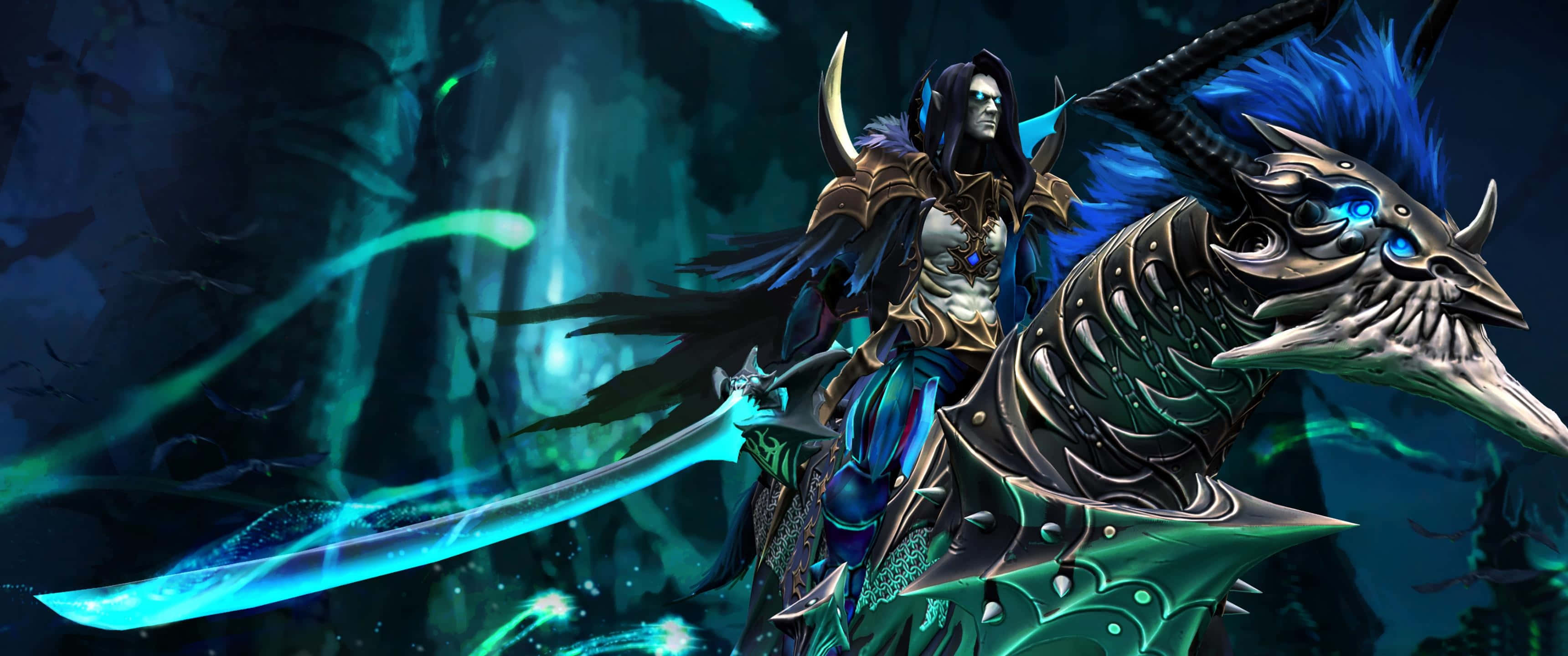 3440x1440 HD, dark fantasy warrior, glowing blue eyes, 2K Desktop Wallpaper