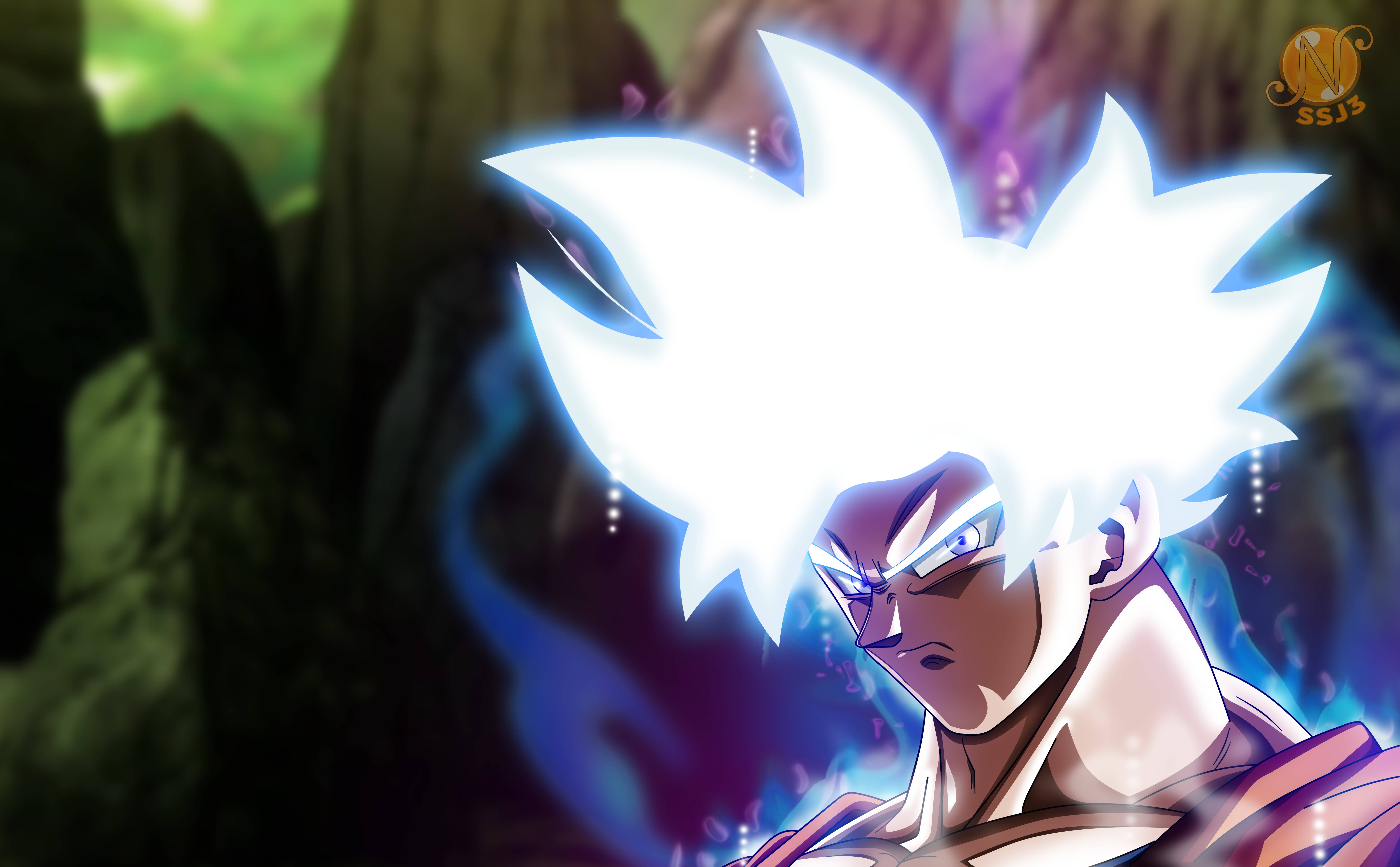 Ultra Instinct Goku, luminous hair, glowing white hair, 8K Desktop Wallpaper
