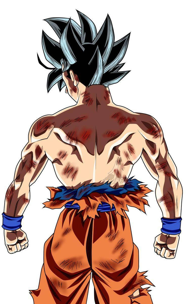 Ultra Instinct Goku, spiky blue-black hair, battle scars on his back, SD Phone Wallpaper