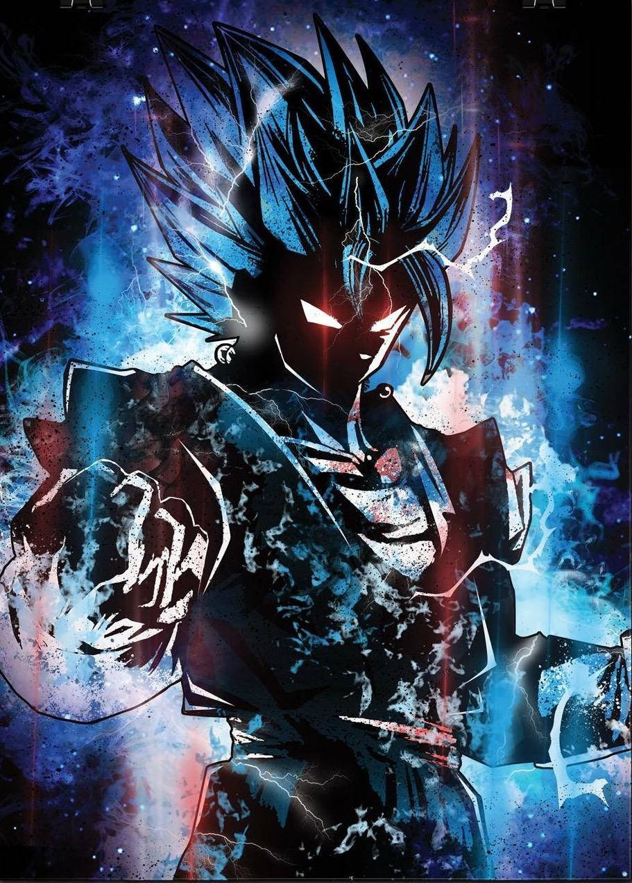 Ultra Instinct Goku, spiky blue hair, glowing red eyes, SD Phone Wallpaper