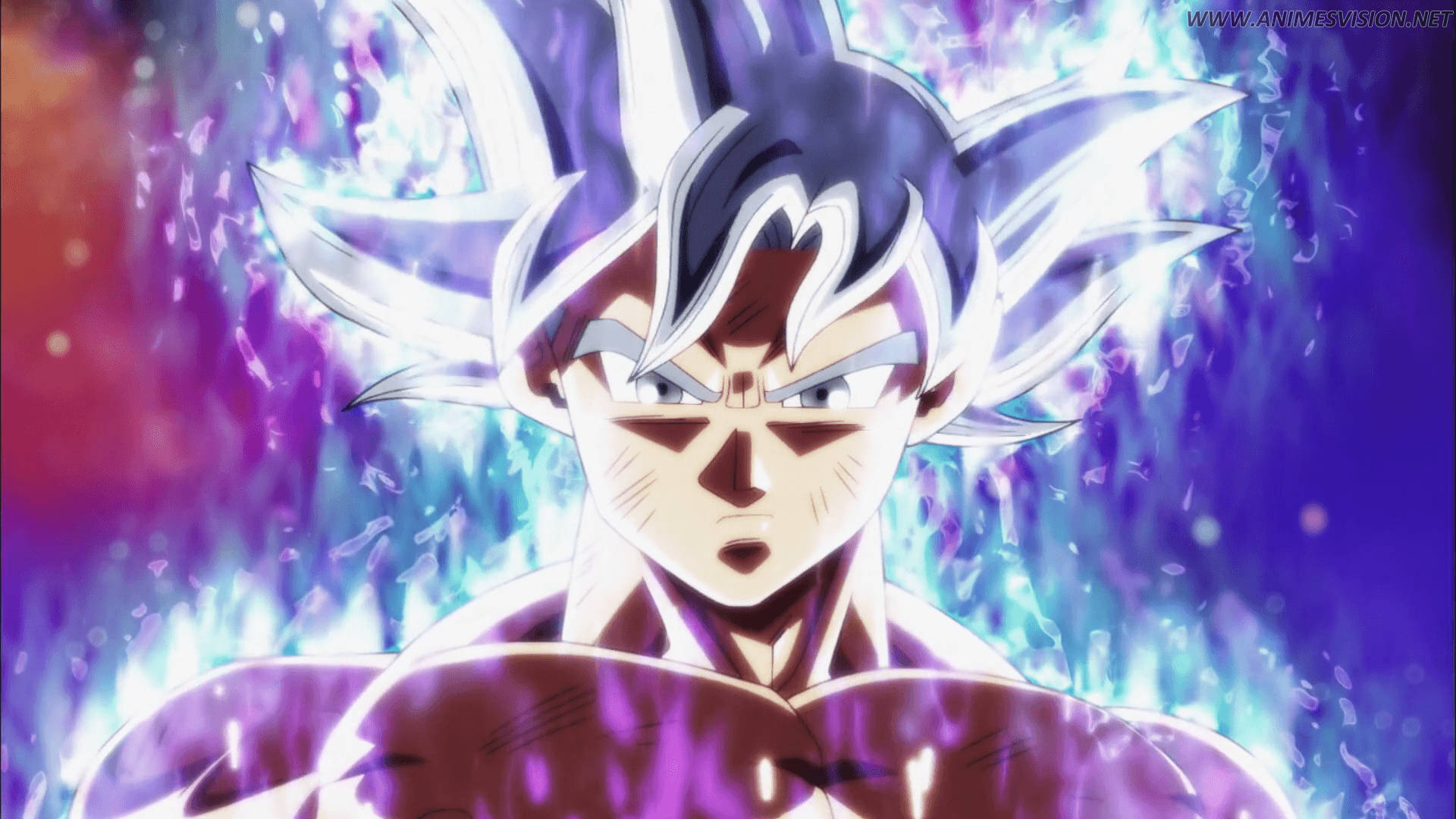 Ultra Instinct Goku, spiky white hair, glowing aura, Full HD Desktop Wallpaper