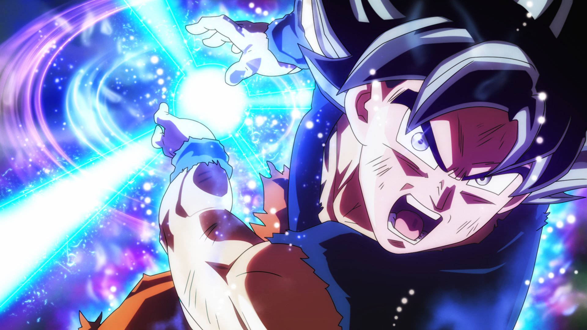 Ultra Instinct Goku, glowing blue energy blast, swirling cosmic background, Full HD Desktop Wallpaper