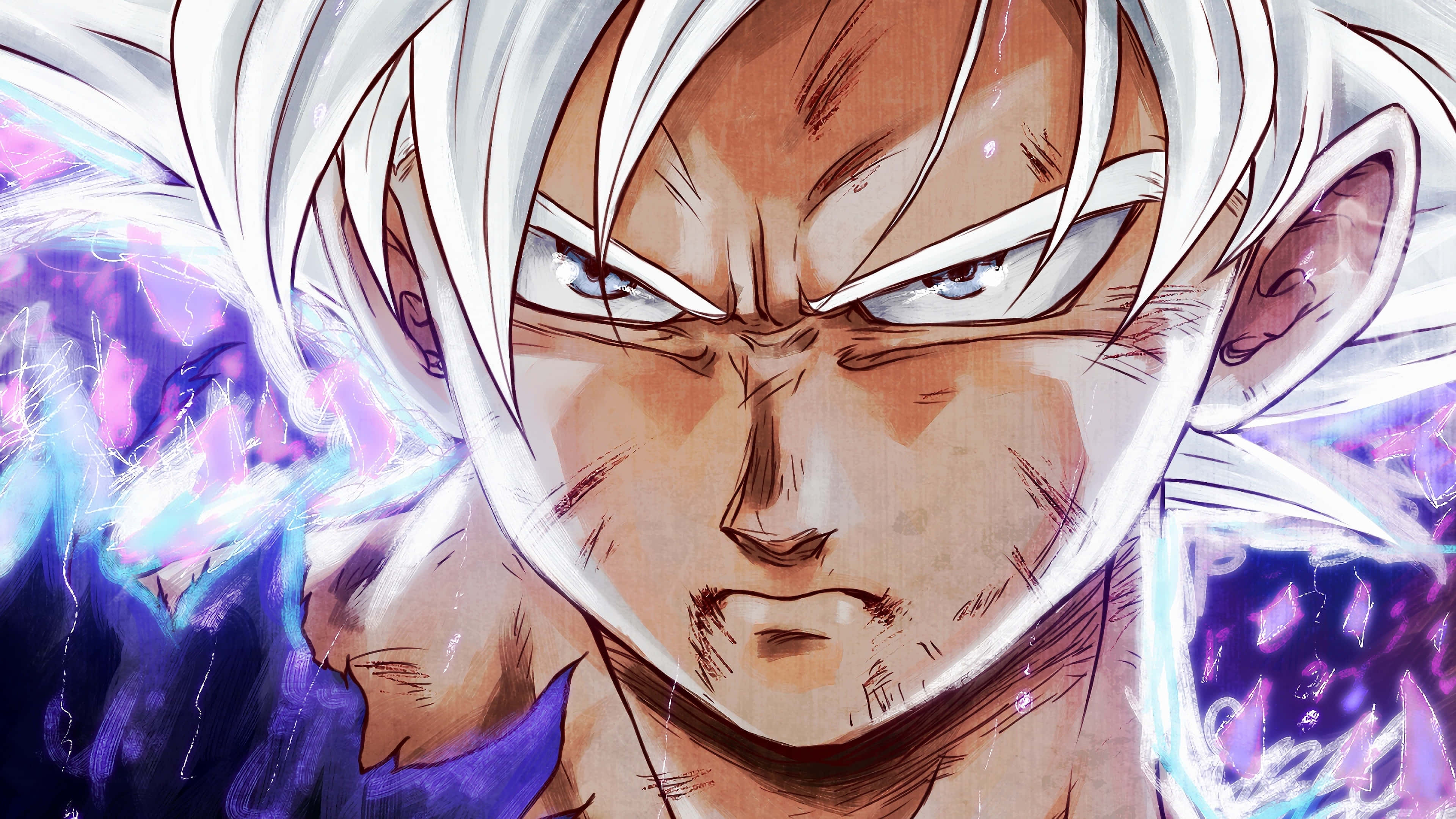 Ultra Instinct Goku, white hair, glowing purple energy aura, 4K Desktop Wallpaper