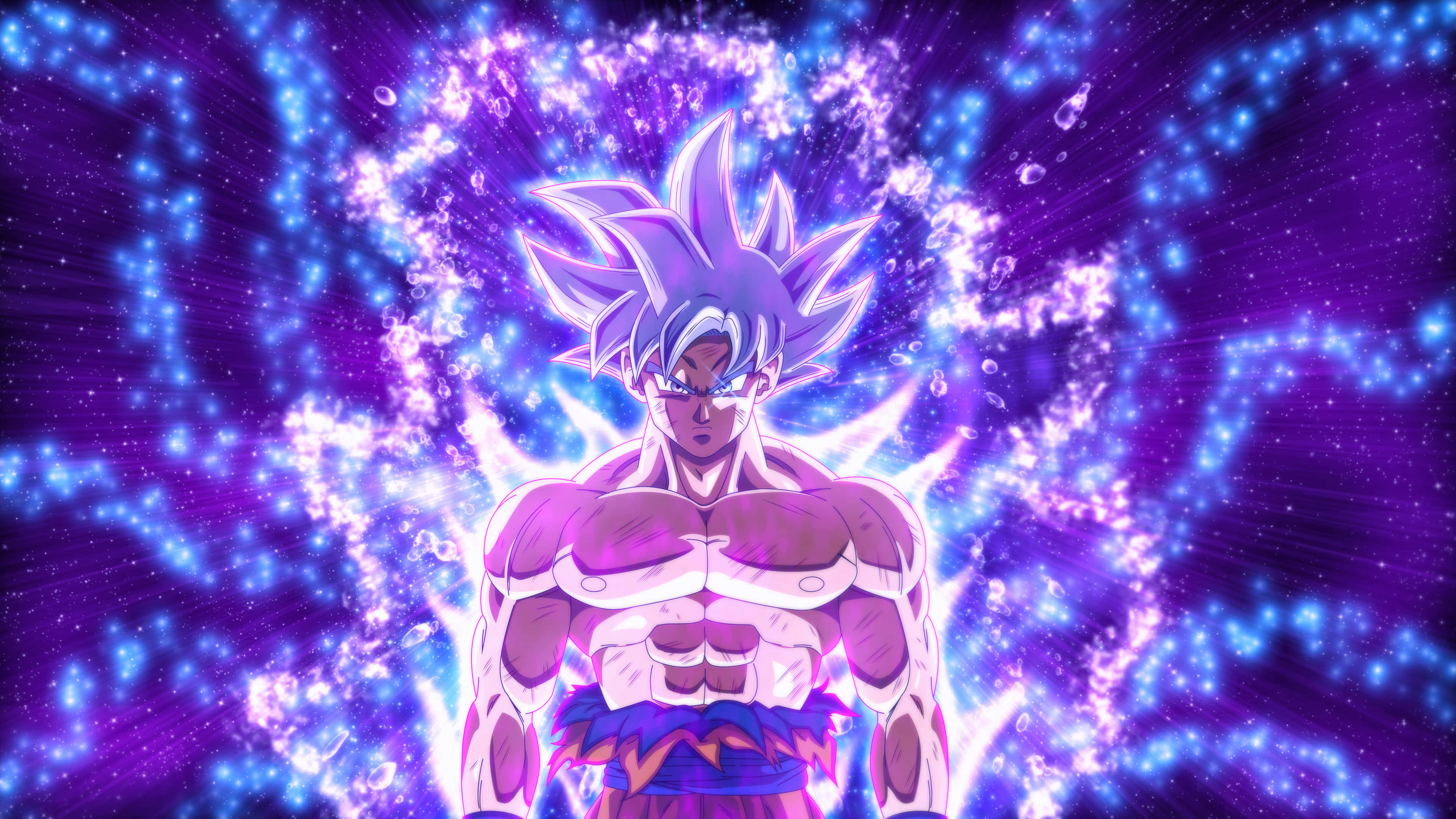 Ultra Instinct Goku, spiky purple hair, cosmic purple and blue background, 4K Desktop Wallpaper