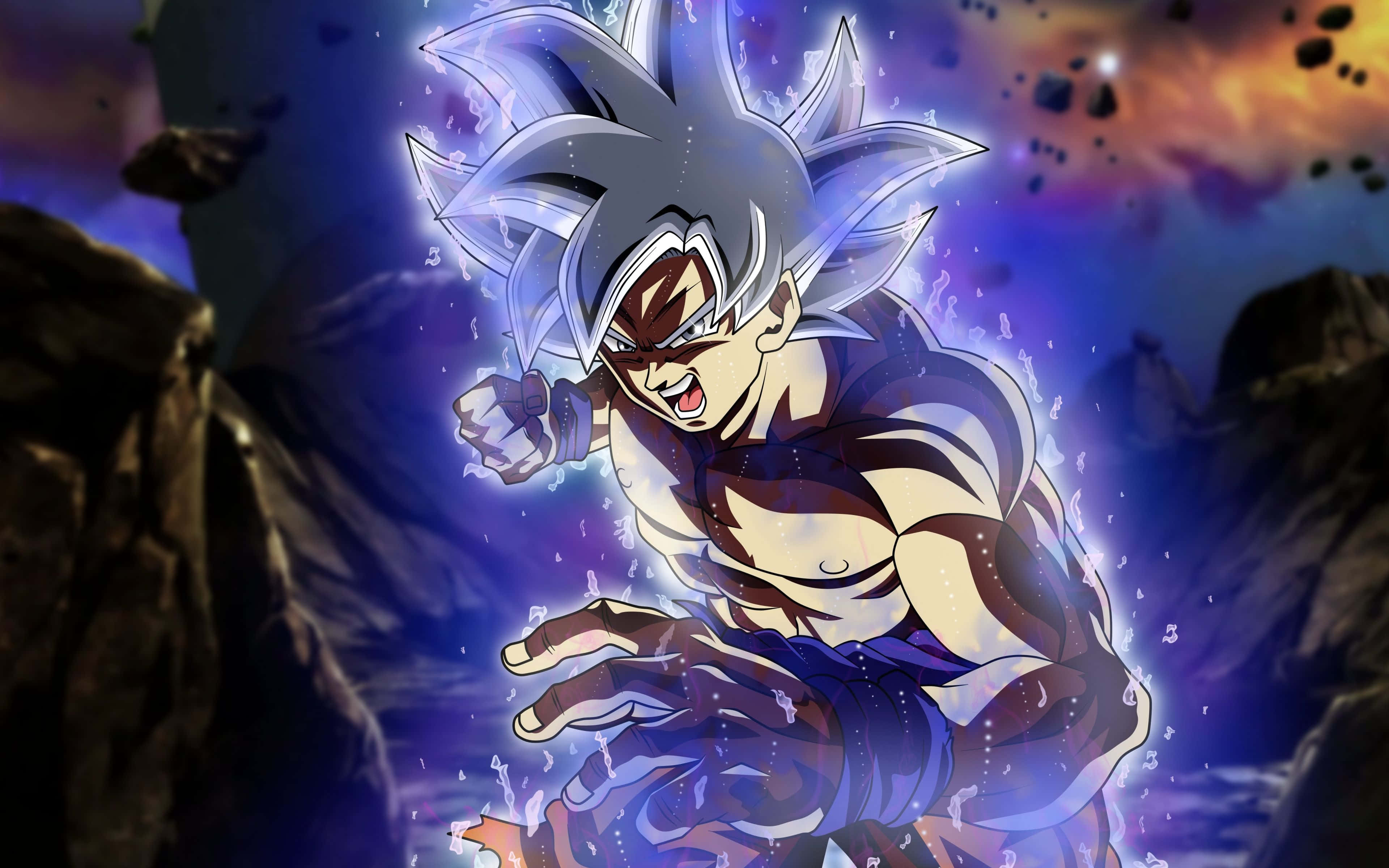 Ultra Instinct Goku, silver-haired, glowing aura, 4K Desktop Wallpaper
