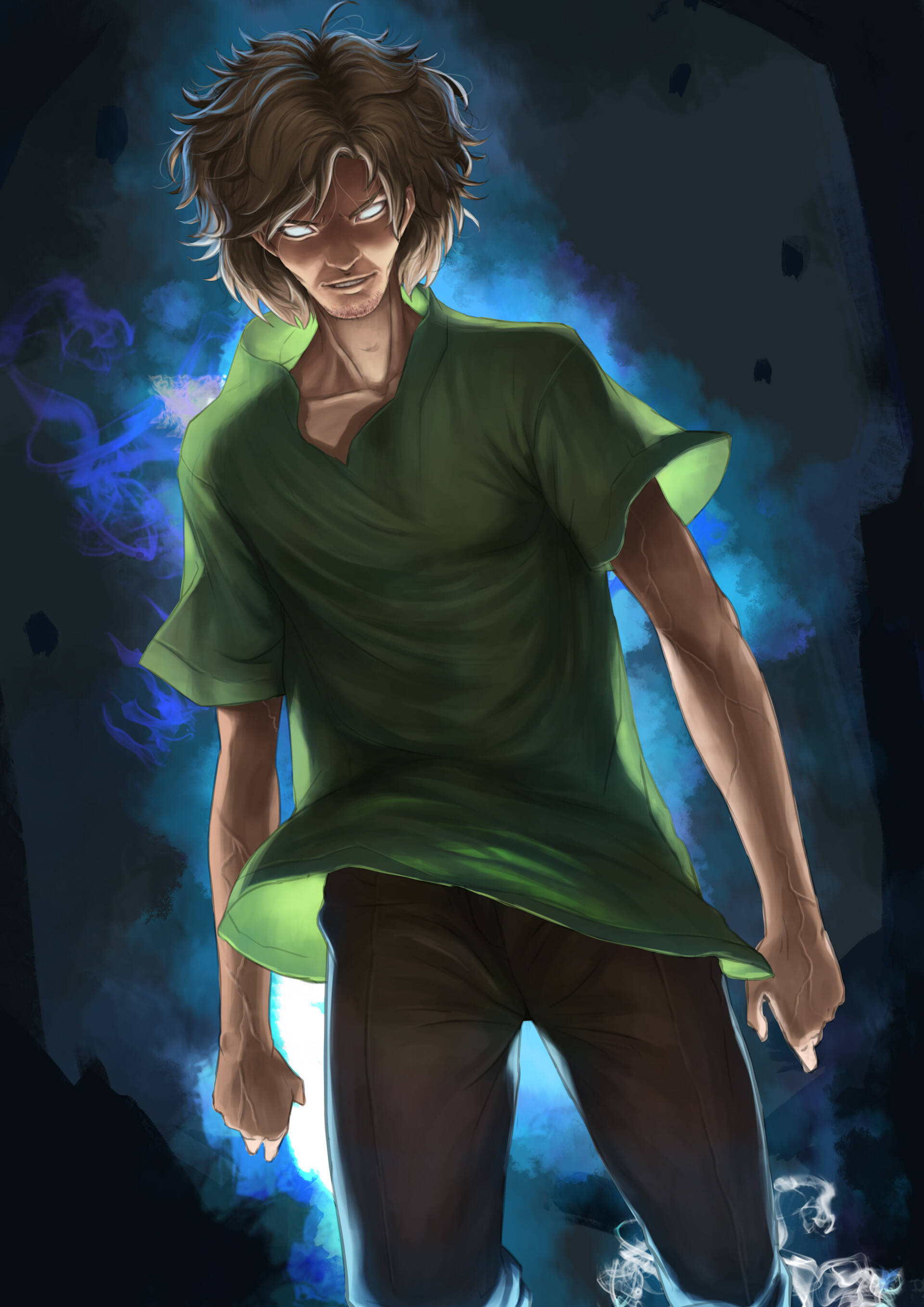 Ultra Instinct Shaggy, glowing eyes, dark blue smoky environment, 2K Phone Wallpaper